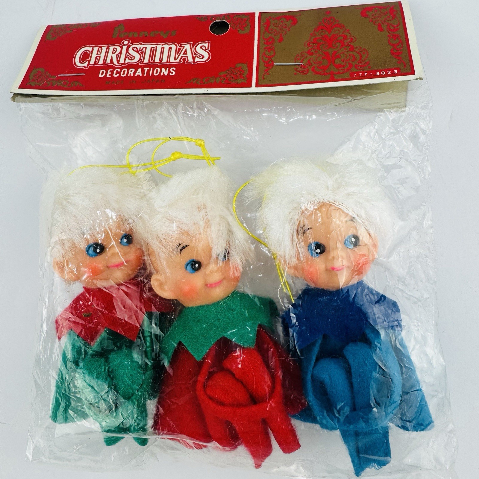 VTG Penneys Bent Knee Hugger Elf Christmas Ornaments Set 3 Felt Japan NOS MCM VTG Penneys Bent Knee Hugger Elf Christmas Ornaments Set 3 Felt Japan NOS MCM
