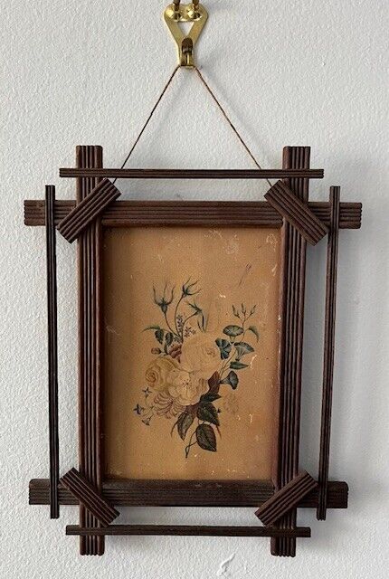 Antique Tramp Art Wood Frame  1870's Flowers Painting