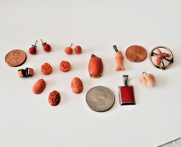 Vintage Lot Mixed Italian Red Coral Stones and Jewelry