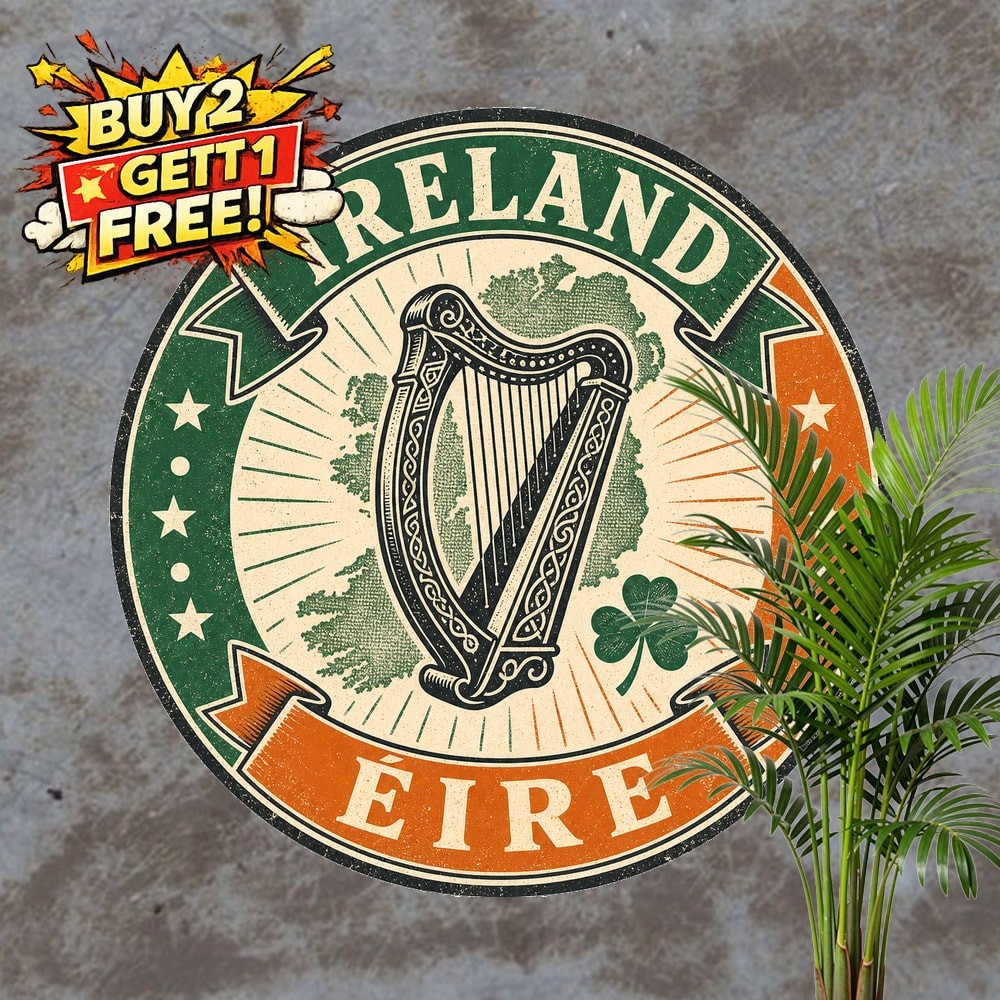 Ireland Flag Badge Crest Round Metal Sign Retro Irish Wall Decor 8x8