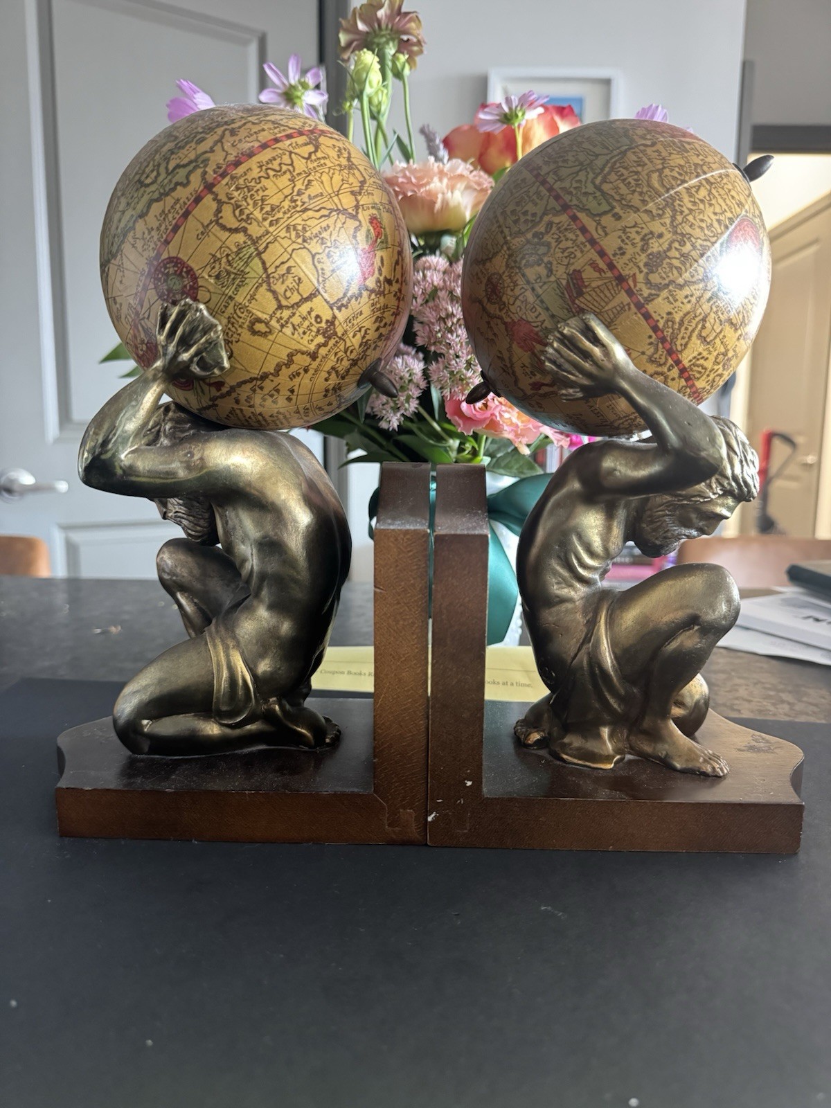 MCM Vintage Atlas Brass Bookends With Wooden base Excellent Condition MCM Vintage Atlas Brass Bookends With Wooden base Excellent Condition