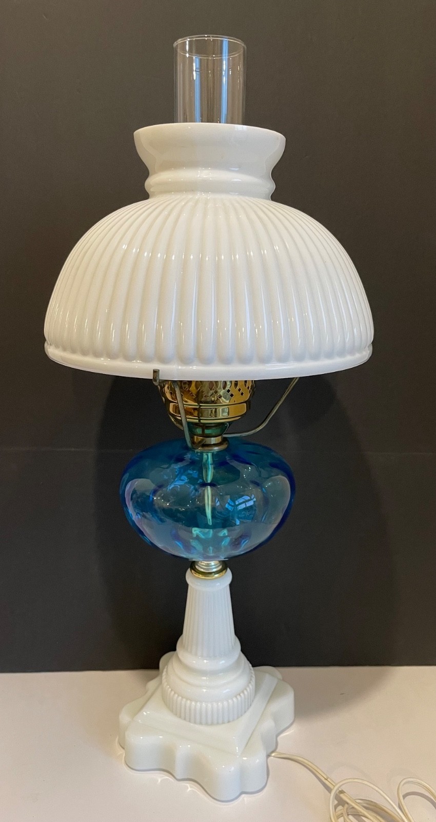 Vintage MCM Blue & Milk Glass Base & Ribbed Shade Hurricane Table Lamp 23” Vintage MCM Blue & Milk Glass Base & Ribbed Shade Hurricane Table Lamp 23”