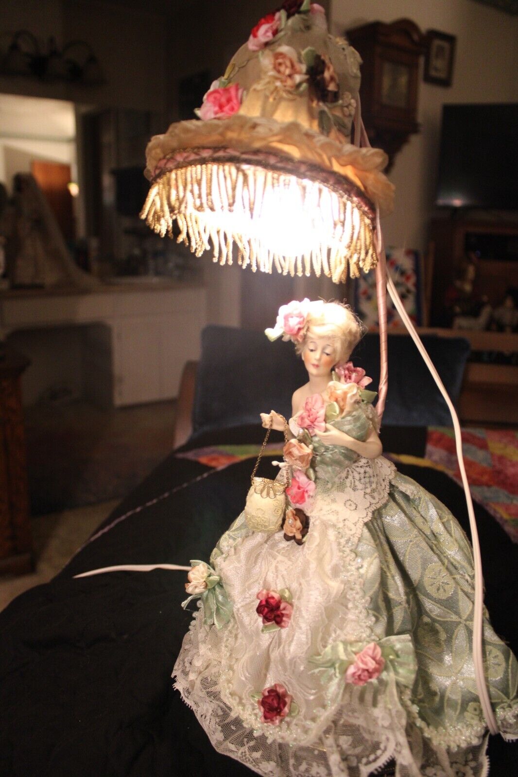 Victorian Lamp/Ormolu Trinket Box with Beautifully Costumed Vintage Doll