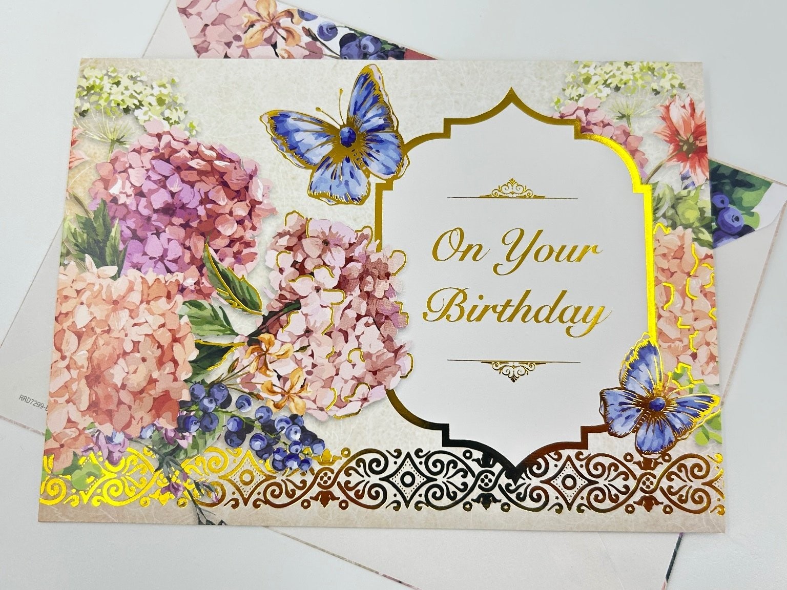Elegant Floral Birthday Card Gold Foil Hydrangeas Butterflies Greeting
