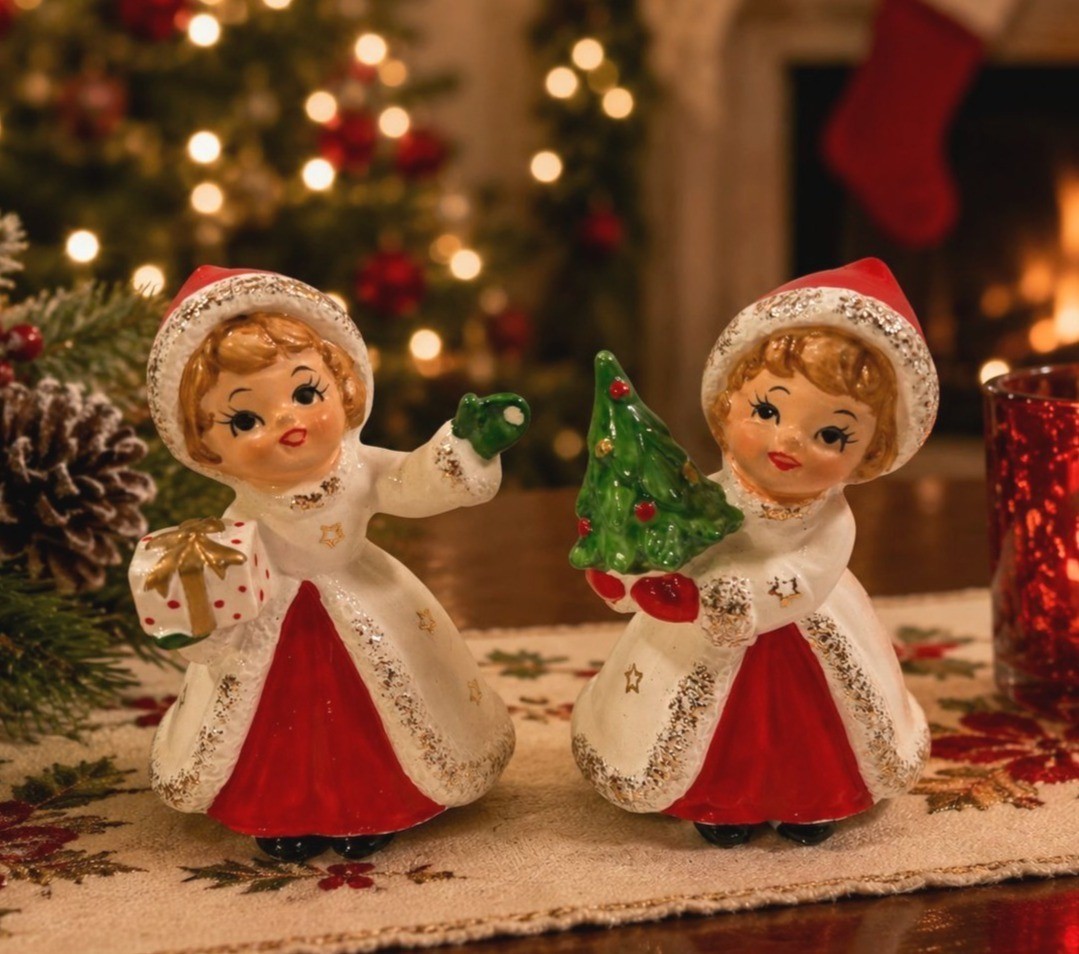 Vintage Christmas Girls Holding Tree Gift Crafted in Japan Figurines Norcrest Vintage Christmas Girls Holding Tree Gift Crafted in Japan Figurines Norcrest