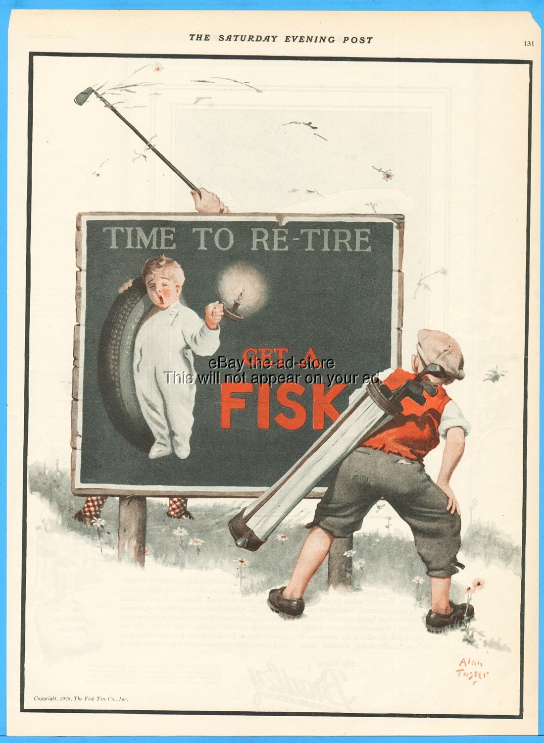 1925 Fisk Tire Golf Caddy Golfing Theme Sleepy Boy Holding Candle Billboard Ad