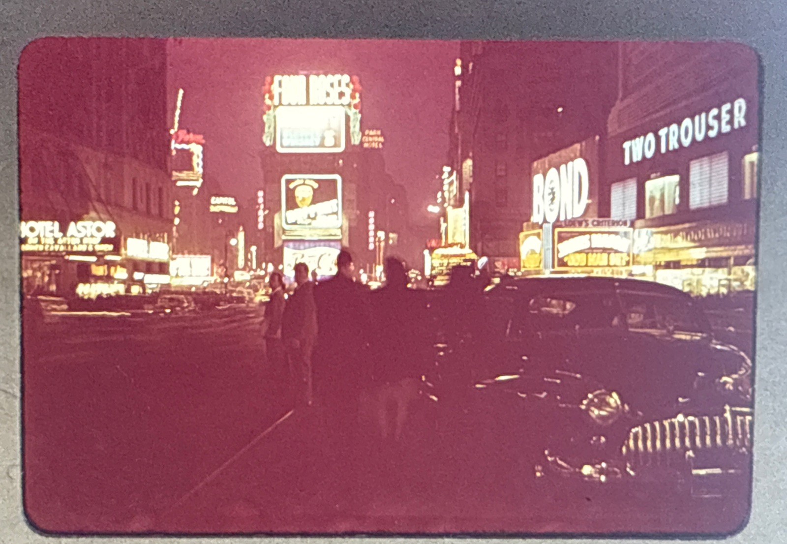 Orig 1948 Slide NYC Times Square Broadway Night Neon Signs Cars B50