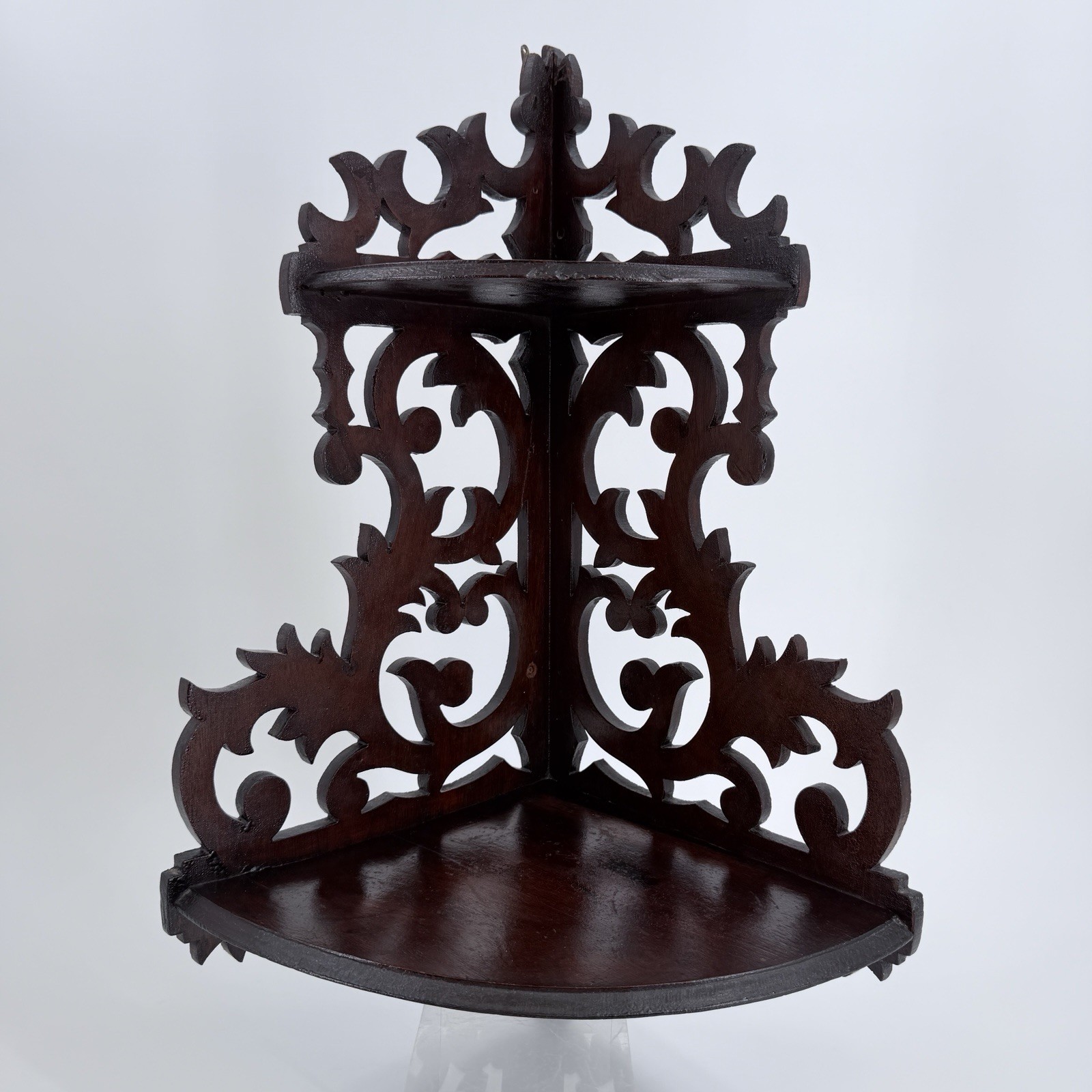 Antique 1900s Art Nouveau Corner Wall Shelf Cut Wood Two Tier Antique 1900s Art Nouveau Corner Wall Shelf Cut Wood Two Tier
