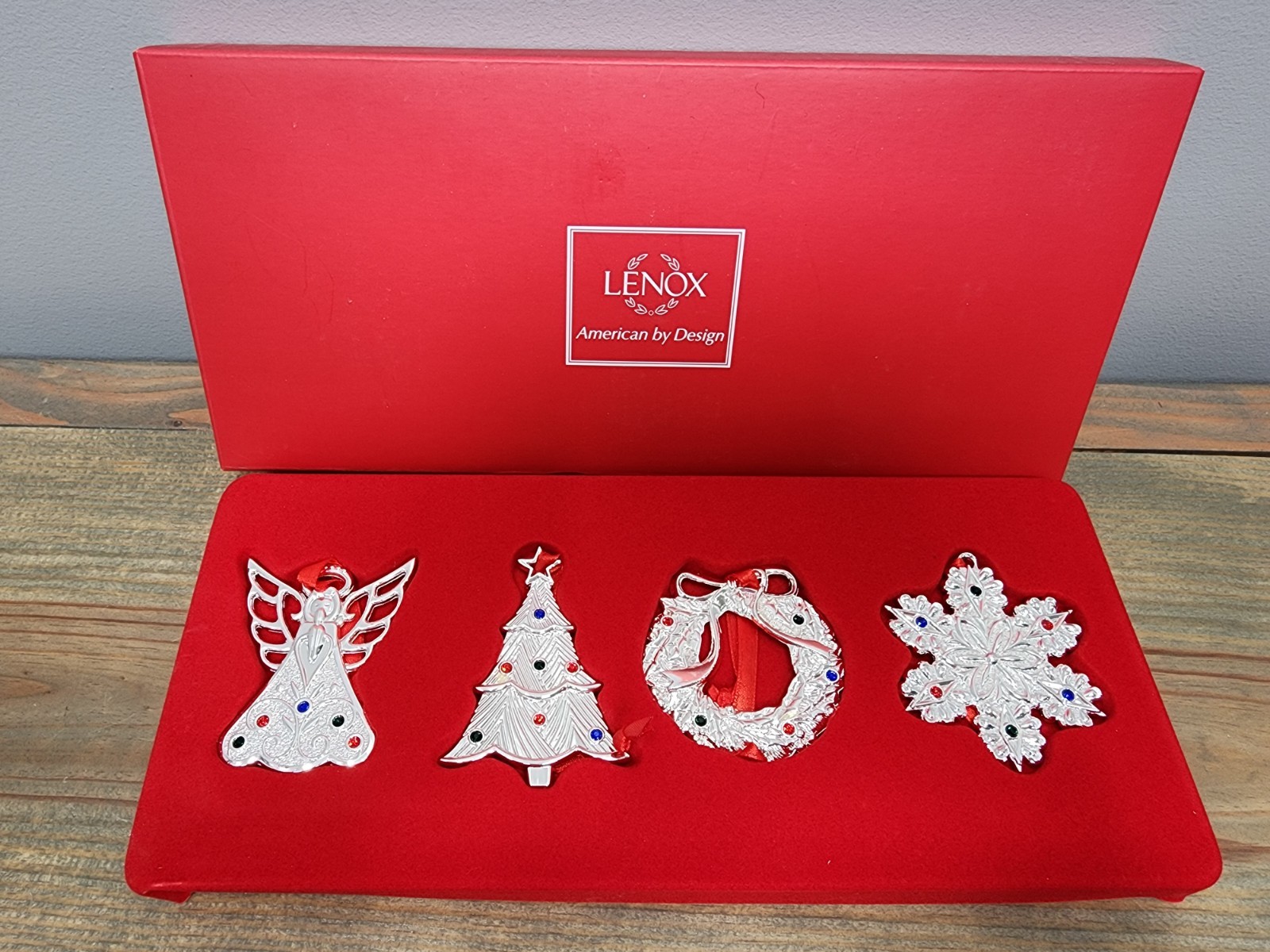 Set 4 Lenox Silver-Plated Seasonal Gems Bejeweled Christmas Ornaments NIB Luxury Set 4 Lenox Silver-Plated Seasonal Gems Bejeweled Christmas Ornaments NIB Luxury