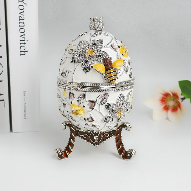 SHINNYGIFTS Large 17cm Hand-Painted Enamel Bee Faberge Egg Trinket Box SHINNYGIFTS Large 17cm Hand-Painted Enamel Bee Faberge Egg Trinket Box
