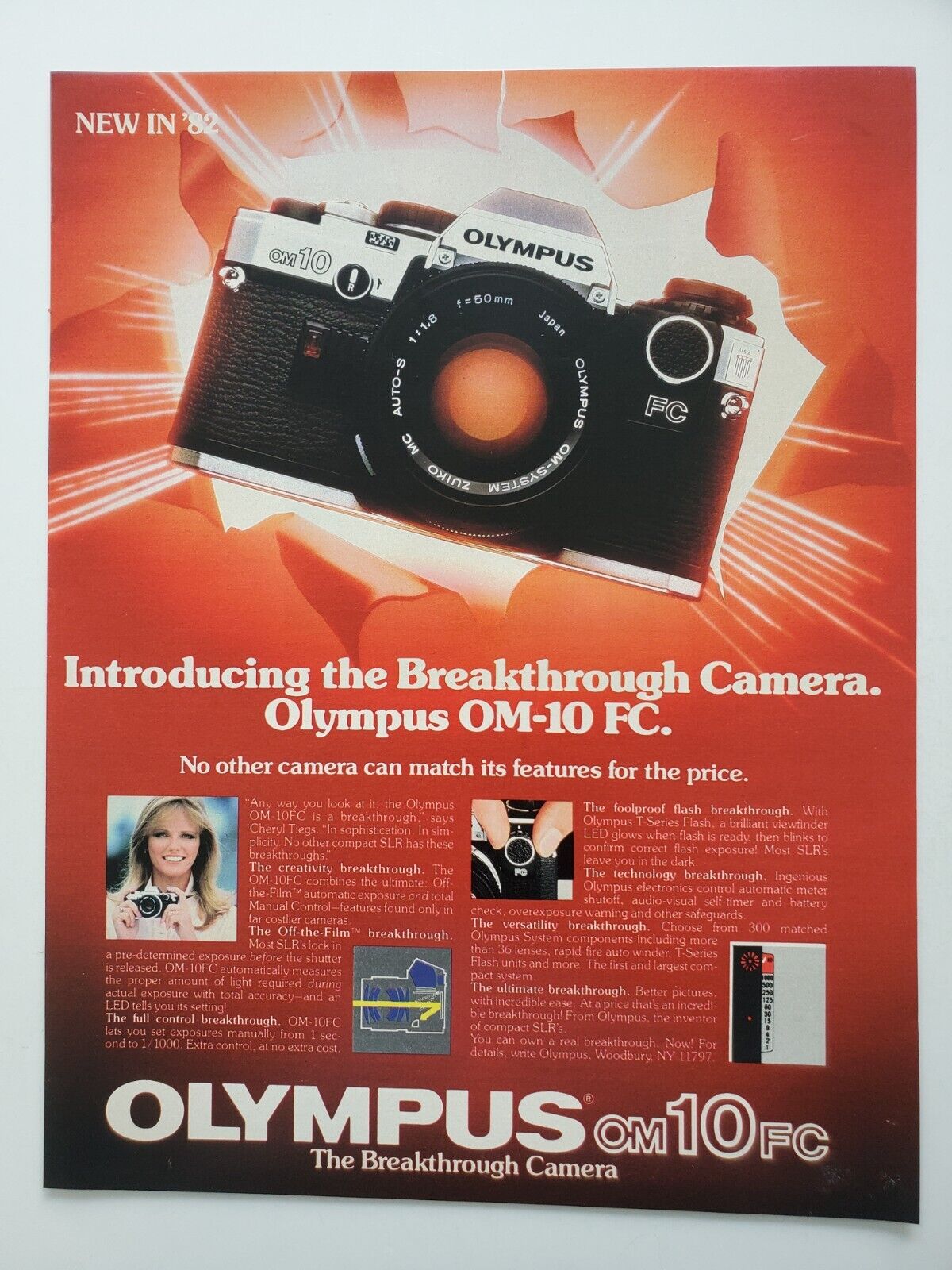 Olympus OM-10FC Camera Cheryl Tiegs \'Off the Film\' Feature 1982 Vintage Print Ad
