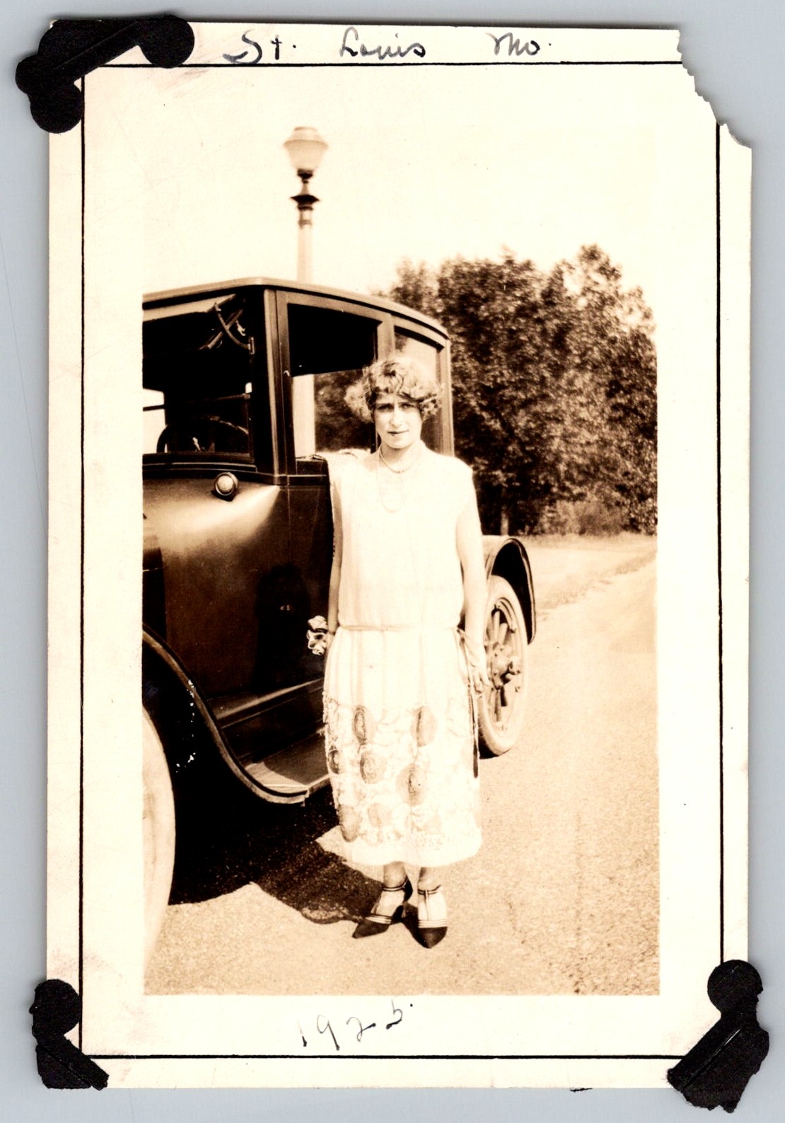 Vtg B&W Snapshot Flapper Woman in Dress By Antique Car St. Louis 1925 Vtg B&W Snapshot Flapper Woman in Dress By Antique Car St. Louis 1925