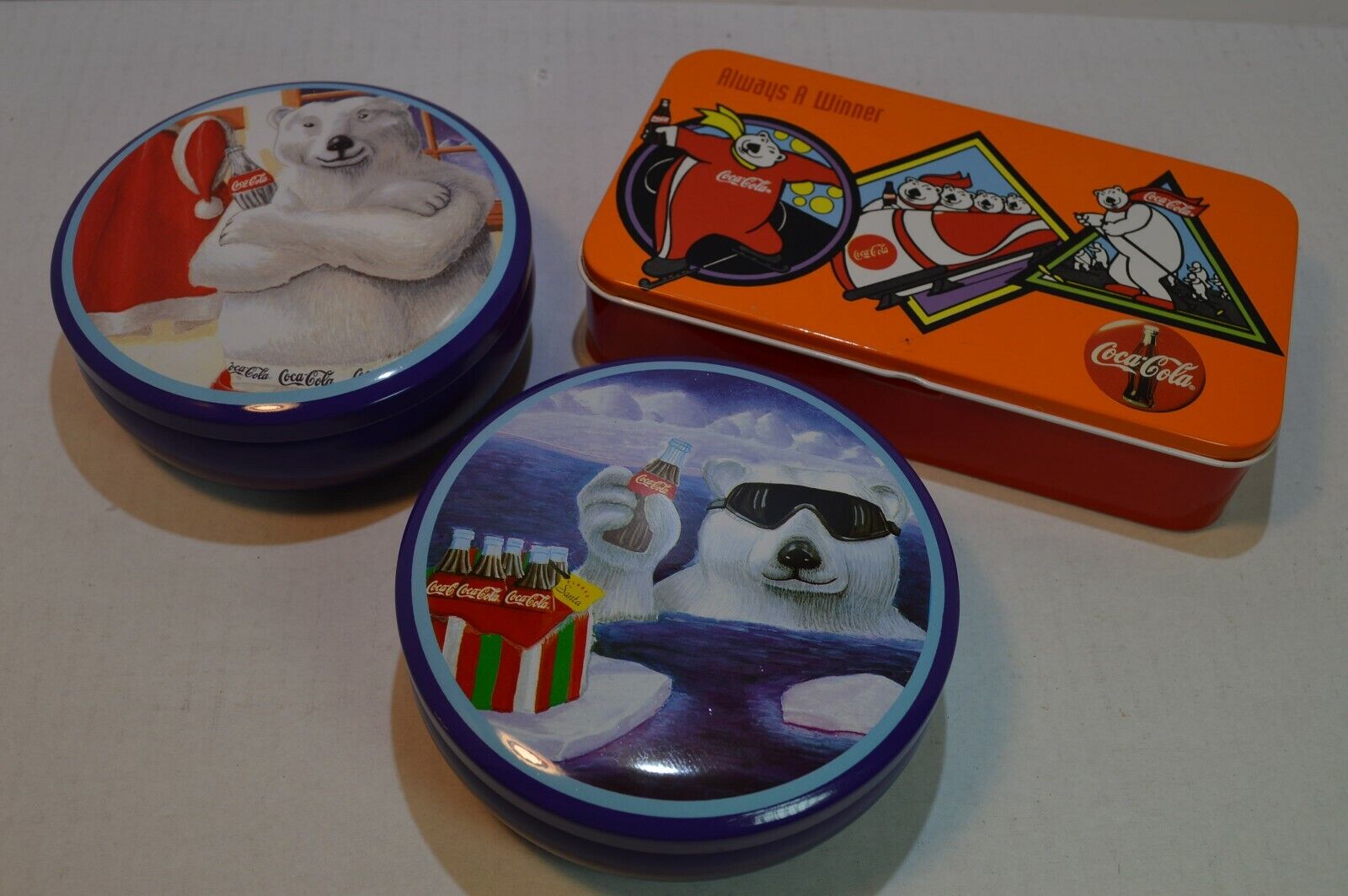 3 COCA COLA POLAR BEAR VINTAGE TINS,NICE PREOWNED CONDITION,ONE IS HINGED BOX