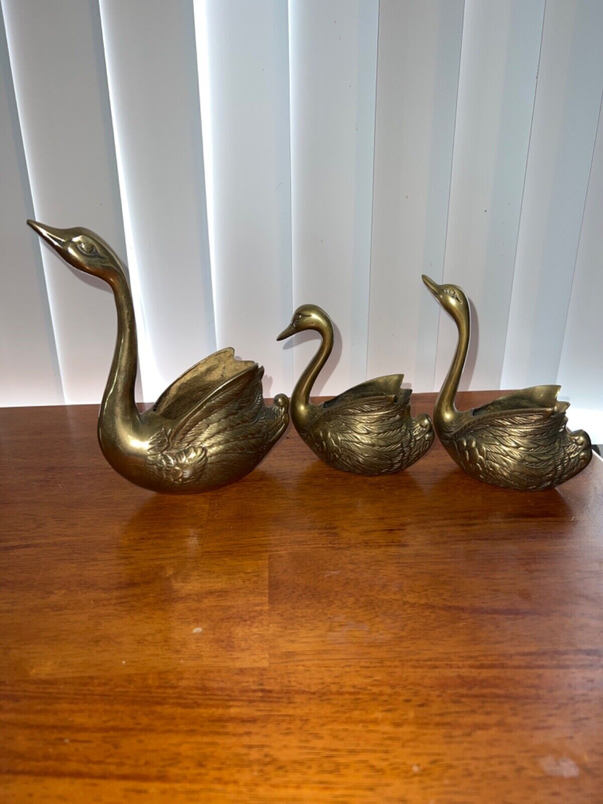 Vintage Mid Century Modern Brass Swan Mini Planters.   Vases Pair Set of 3