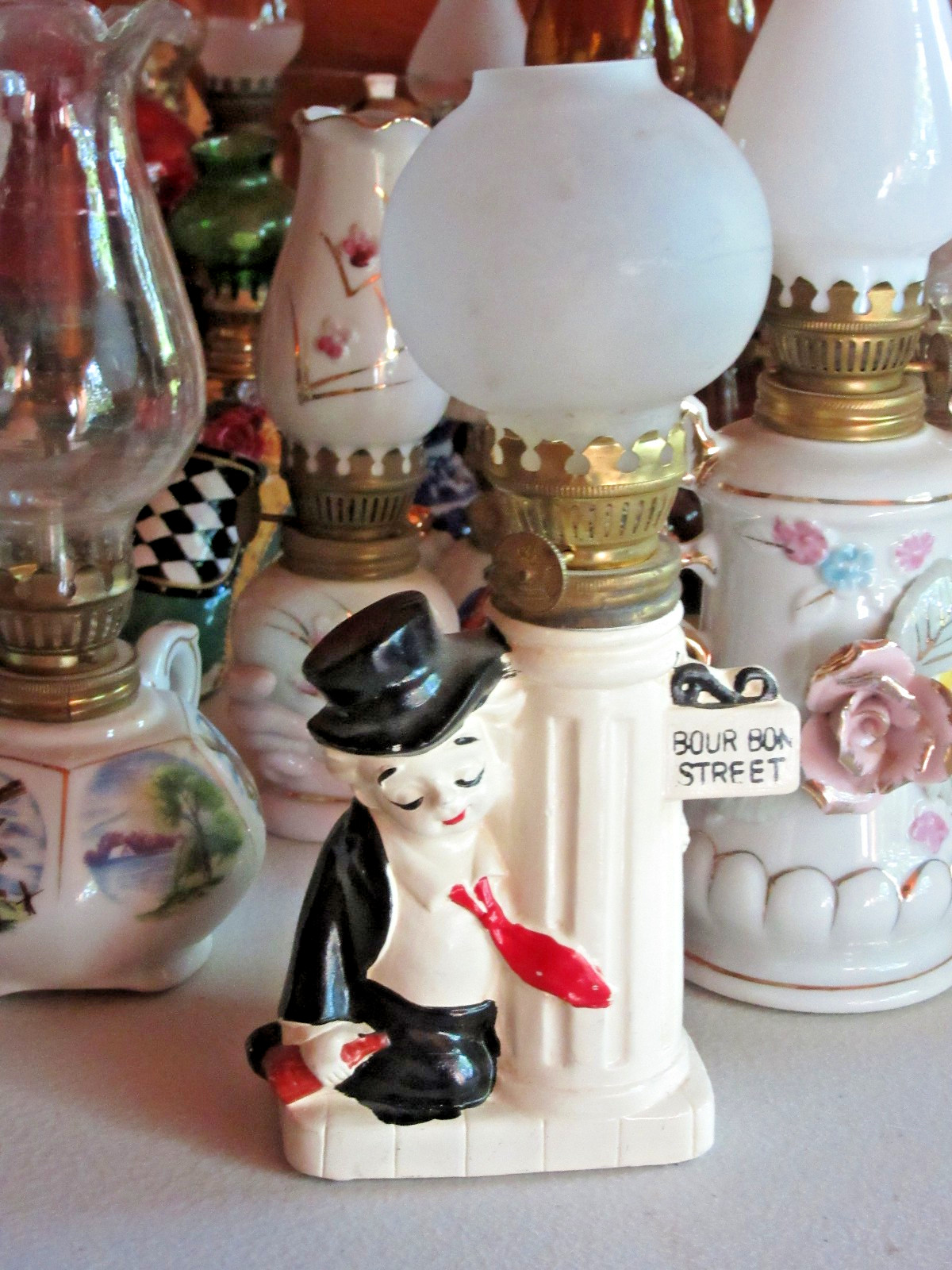 VTG Mini Oil Lamp Drunk Party-goer,Bourbon St. Red Tie & Bottle, White Pole VTG Mini Oil Lamp Drunk Party-goer,Bourbon St. Red Tie & Bottle, White Pole