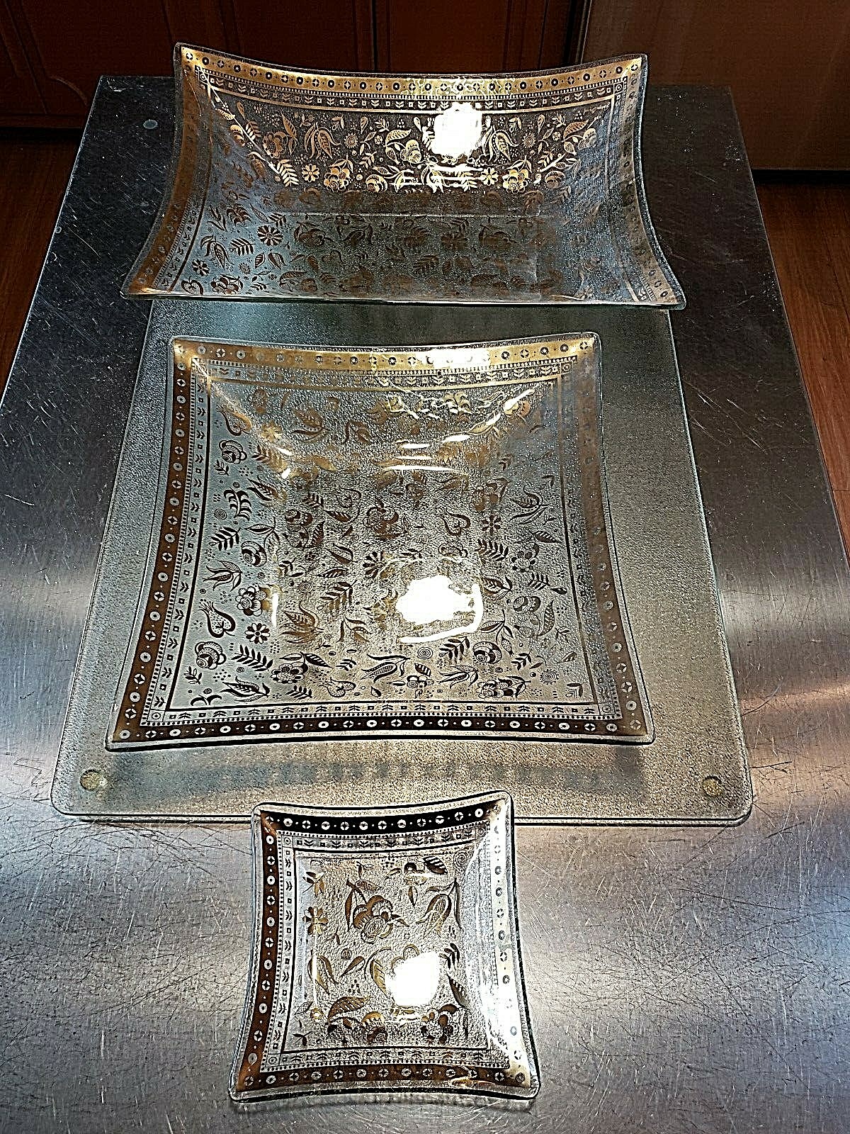 VTG 1950's 3 MCM Georges Briard Persian Garden Bent Glass Barware Trays Signed