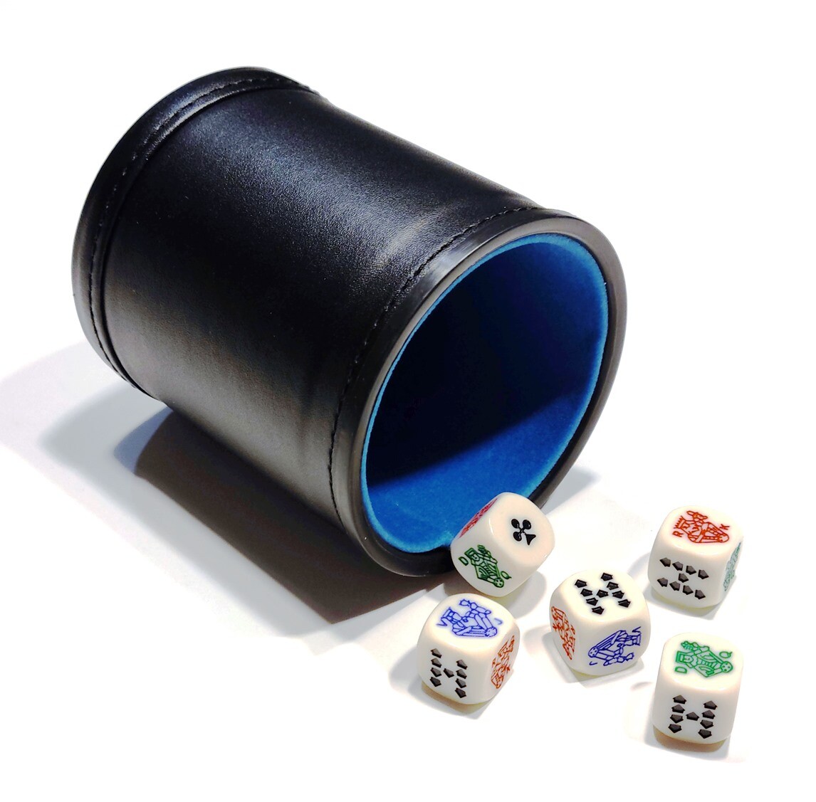 New Bicast Leather Dice Cup with Blue Felt Lining & 5 Rounded Corner Poker Dice New Bicast Leather Dice Cup with Blue Felt Lining & 5 Rounded Corner Poker Dice