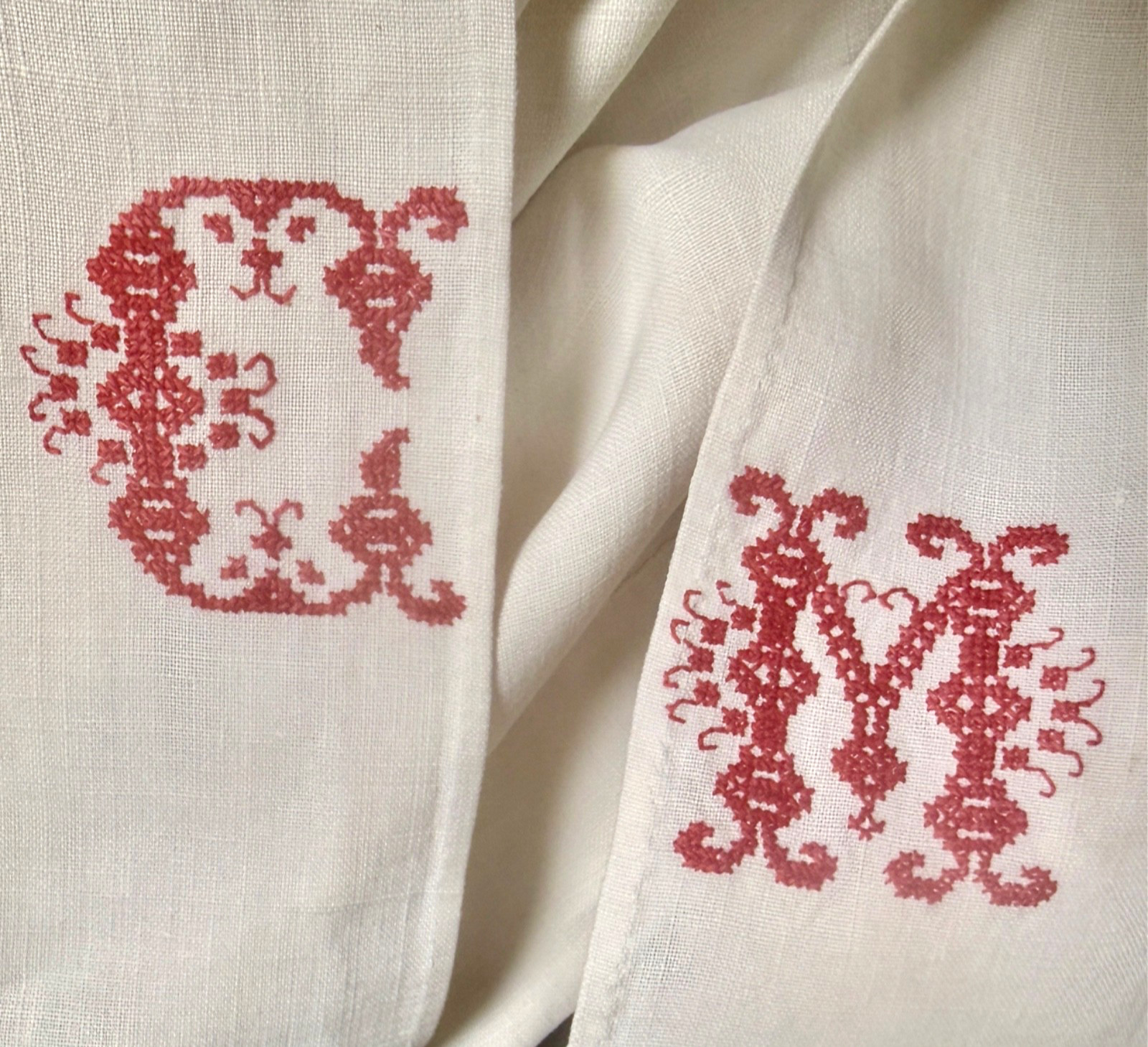 Antique 1900s Large French Homespun Linen Sheet Red Work Monogram B347 Antique 1900s Large French Homespun Linen Sheet Red Work Monogram B347