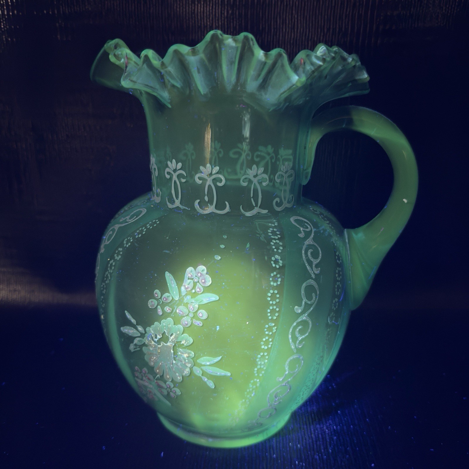 Antique Victorian Glass Pitcher Blue Enameled Crimped Rim Manganese 365nm Glow Antique Victorian Glass Pitcher Blue Enameled Crimped Rim Manganese 365nm Glow