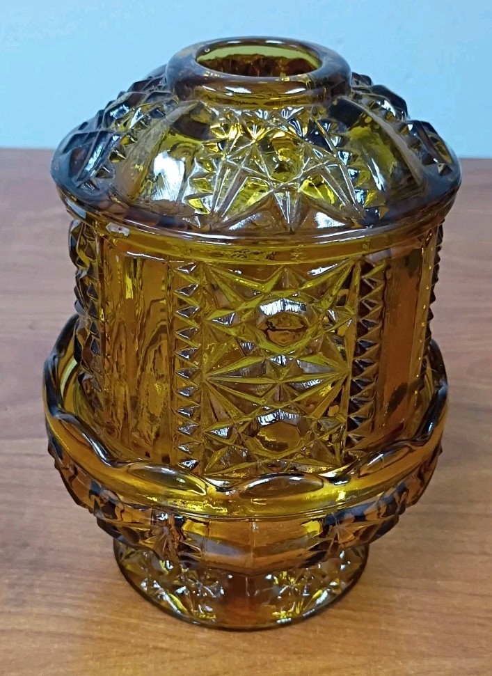 Vintage Indiana Glass 6.5” Amber Stars & Bars Fairy Lamp