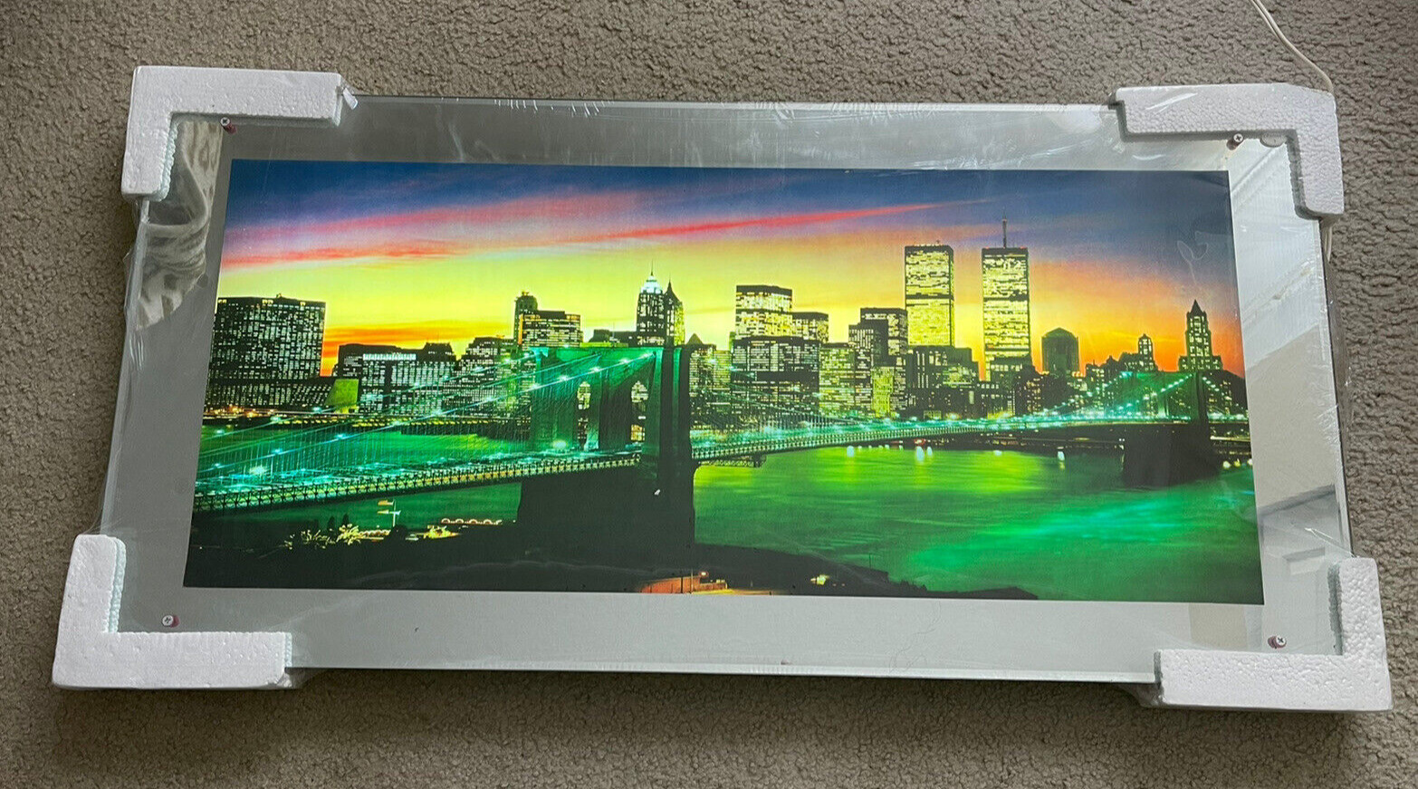 Vintage New York City Skyline Twin Towers Pre 911 Lighted Picture Sealed 39x19