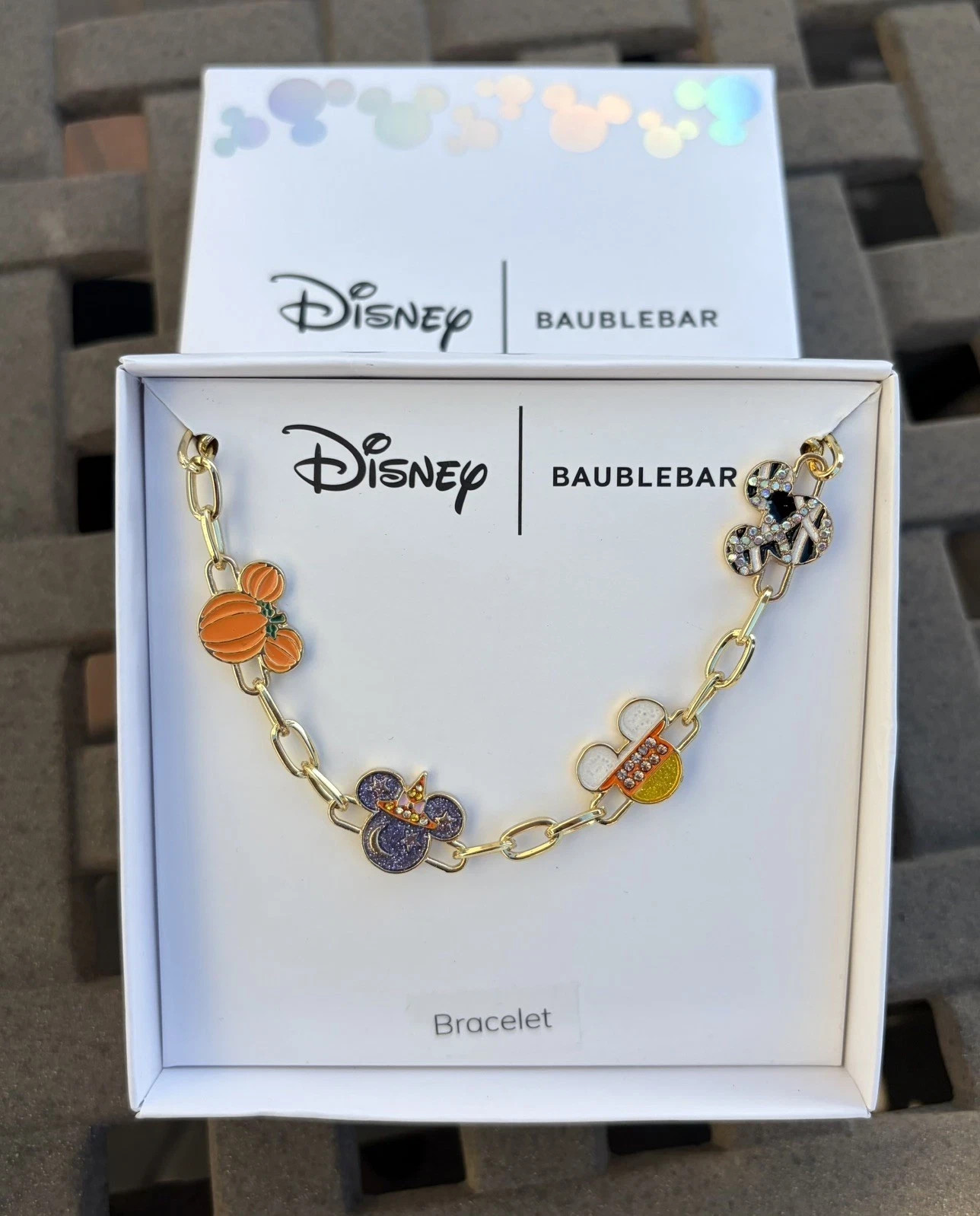 BaubleBar Disney Halloween Mickey pumpkin witch mummy charm bracelet gold
