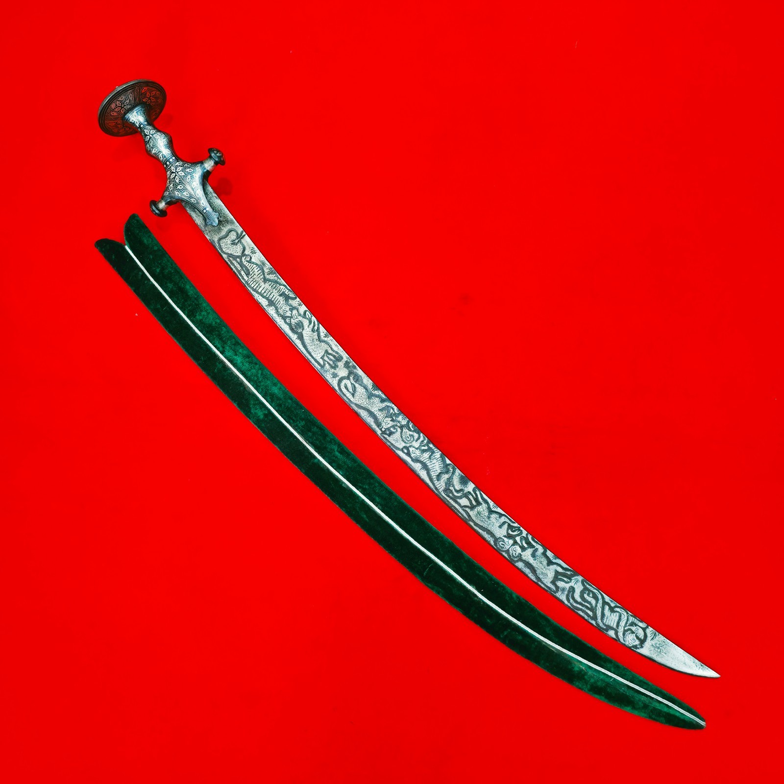 Vintage Indo-Persian Mughal Rajput Sikh Silver Koftgari Shikarga Sword Tulwar