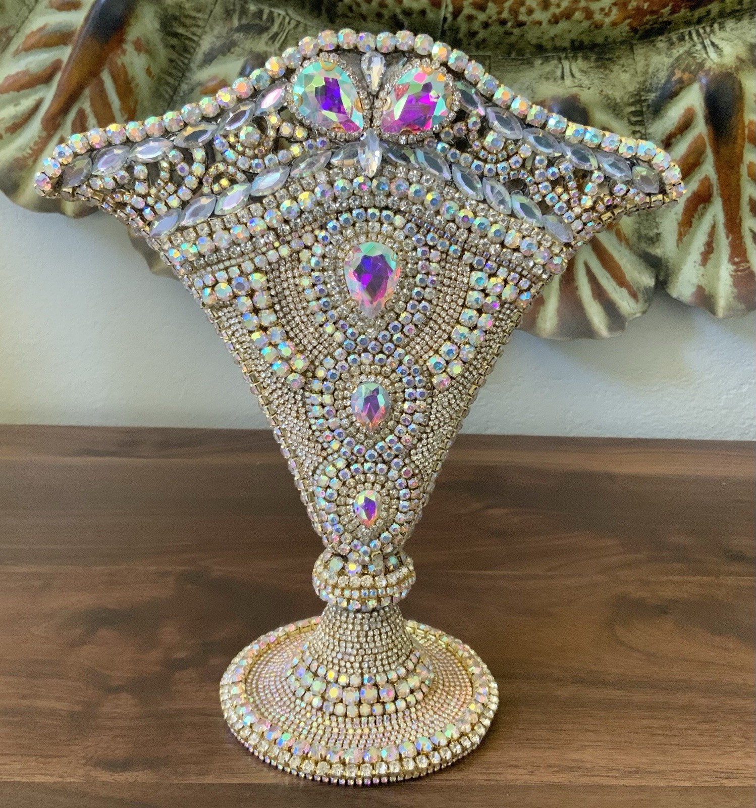 Vintage Silver Godinger Fan Vase Drenched in Aurora Borealis Rhinestones