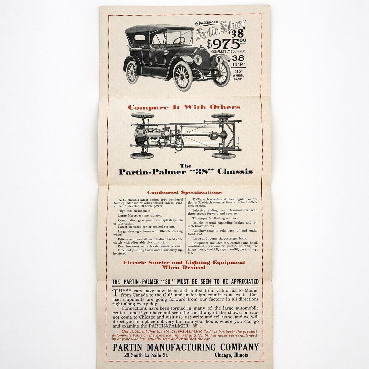 Antique 1914 Partin-Palmer 38 Touring Car Sales Brochure Chicago IL Brass Era