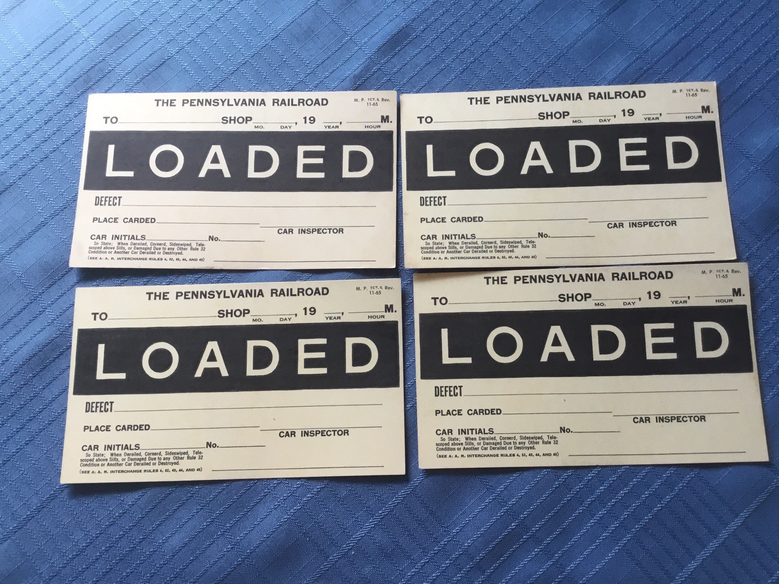 Pennsylvania Railroad PRR 1965 Lot of 4 Car Inspector Cards Empty/Loaded (NOS) Pennsylvania Railroad PRR 1965 Lot of 4 Car Inspector Cards Empty/Loaded (NOS)