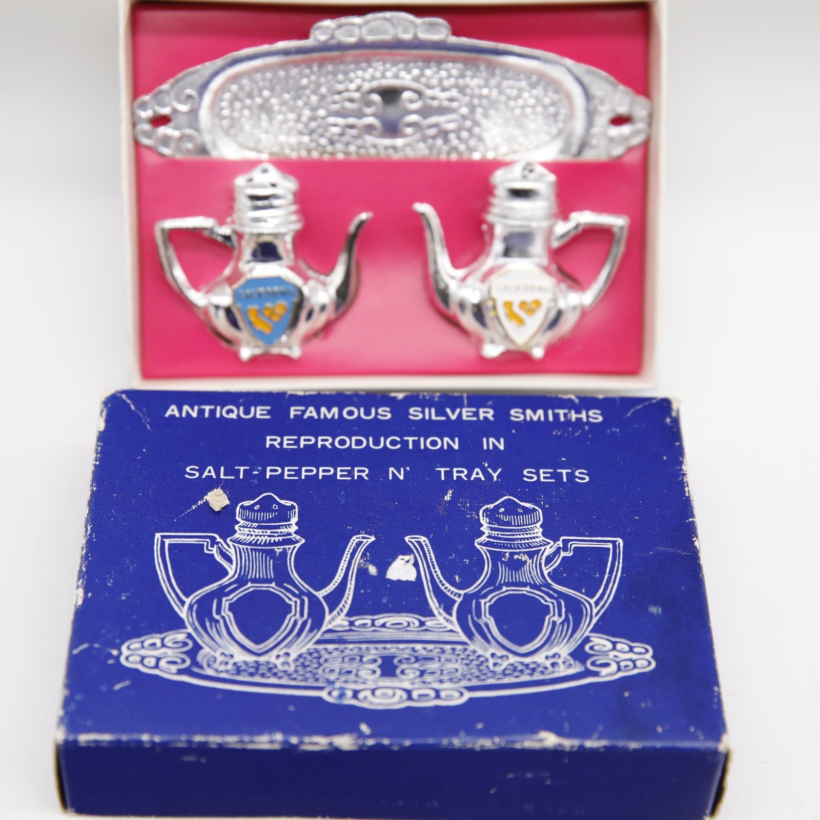 Antique Famous Silver Smiths Reproduction in Salt-Pepper N' Tray Set Bermuda Antique Famous Silver Smiths Reproduction in Salt-Pepper N' Tray Set Bermuda
