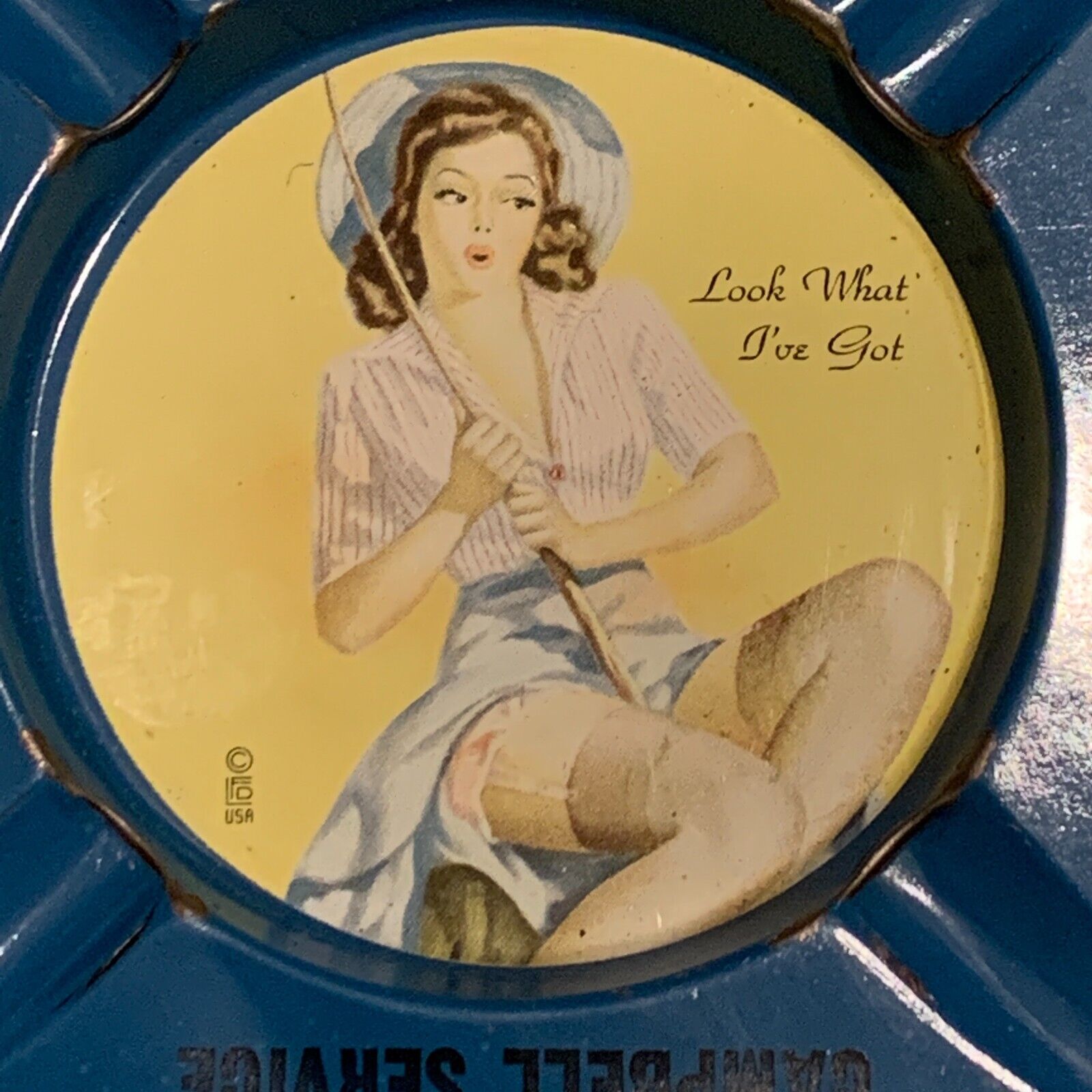 Vtg Philips 66 metal ashtray Superior Wisconsin Campbell service woman fishing