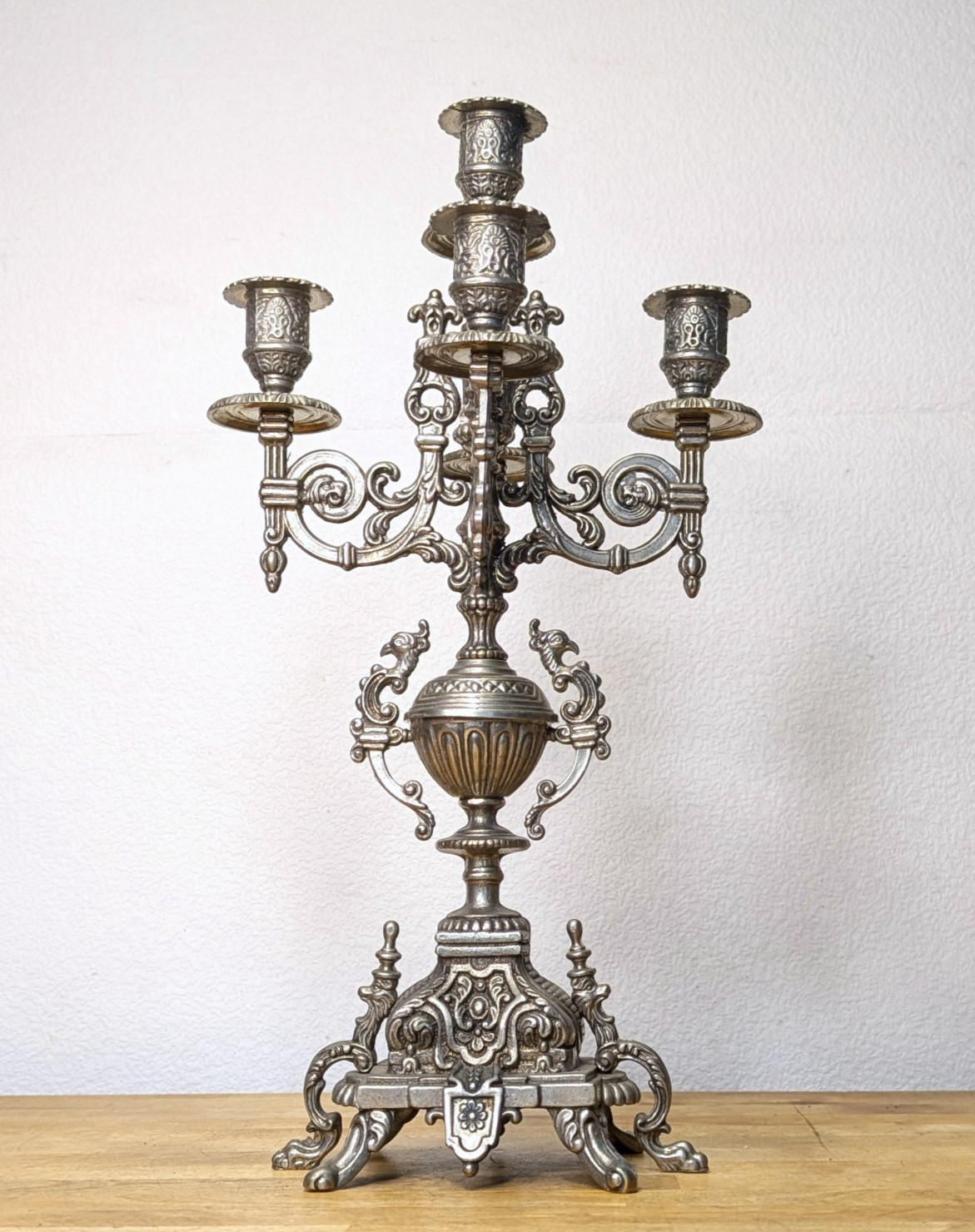 Vintage Rococo Ornate Candelabra 5 Arm Brass 16.5” Baroque Lions Foot