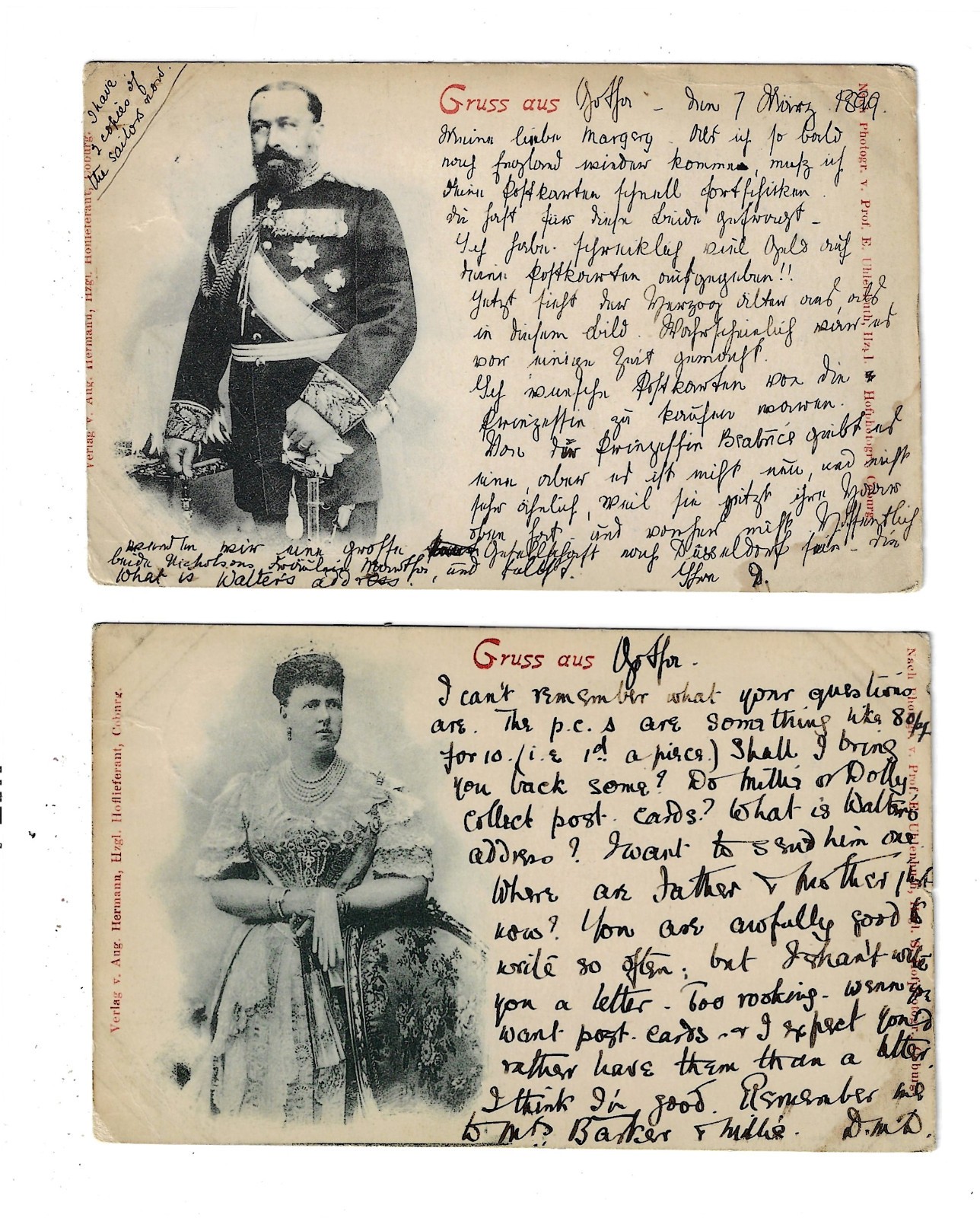 2 1899 Prince Alfred, Duke of Saxe-Coburg and Gotha & Wife Maria Postcards 5268