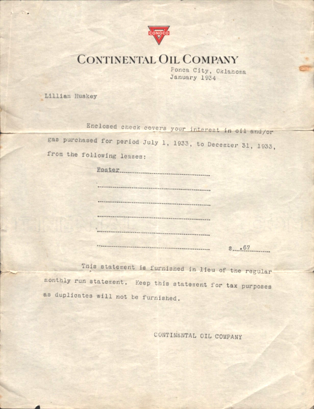 1934 CONOCO CONTINENTAL OIL COMPANY Ponca City, Oklahoma letter to share holder 1934 CONOCO CONTINENTAL OIL COMPANY Ponca City, Oklahoma letter to share holder