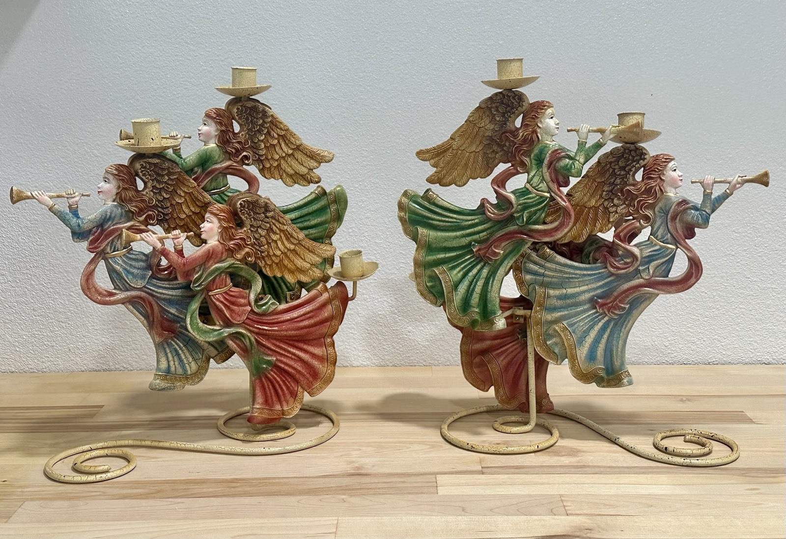 Pair Of VTG Herald Angels Christmas 3 Metal Candle Holder Candelabra Smithsonian