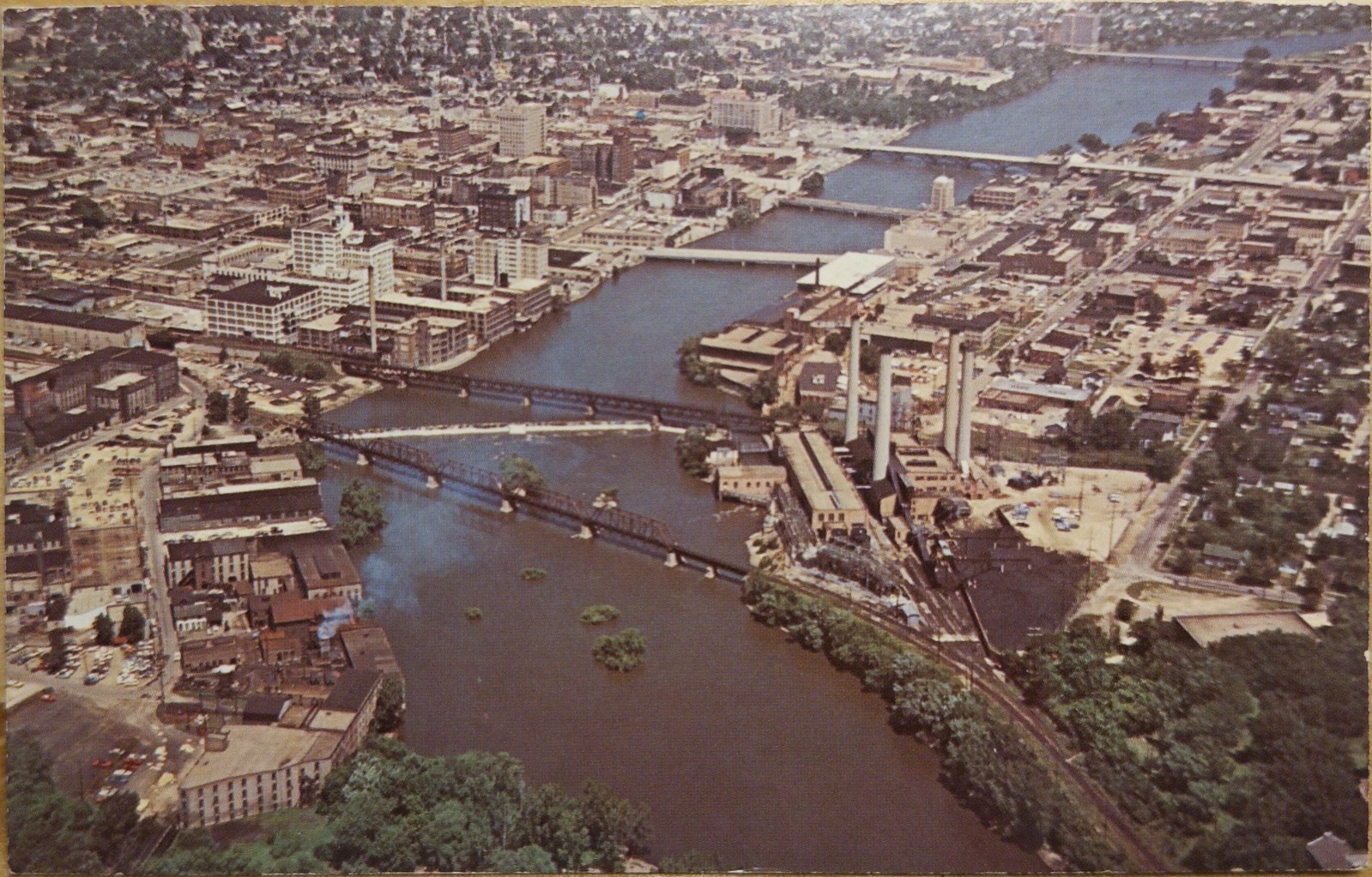 1960s Vintage Rockford IL Aeriel View Rock River Chrome Postcard 
