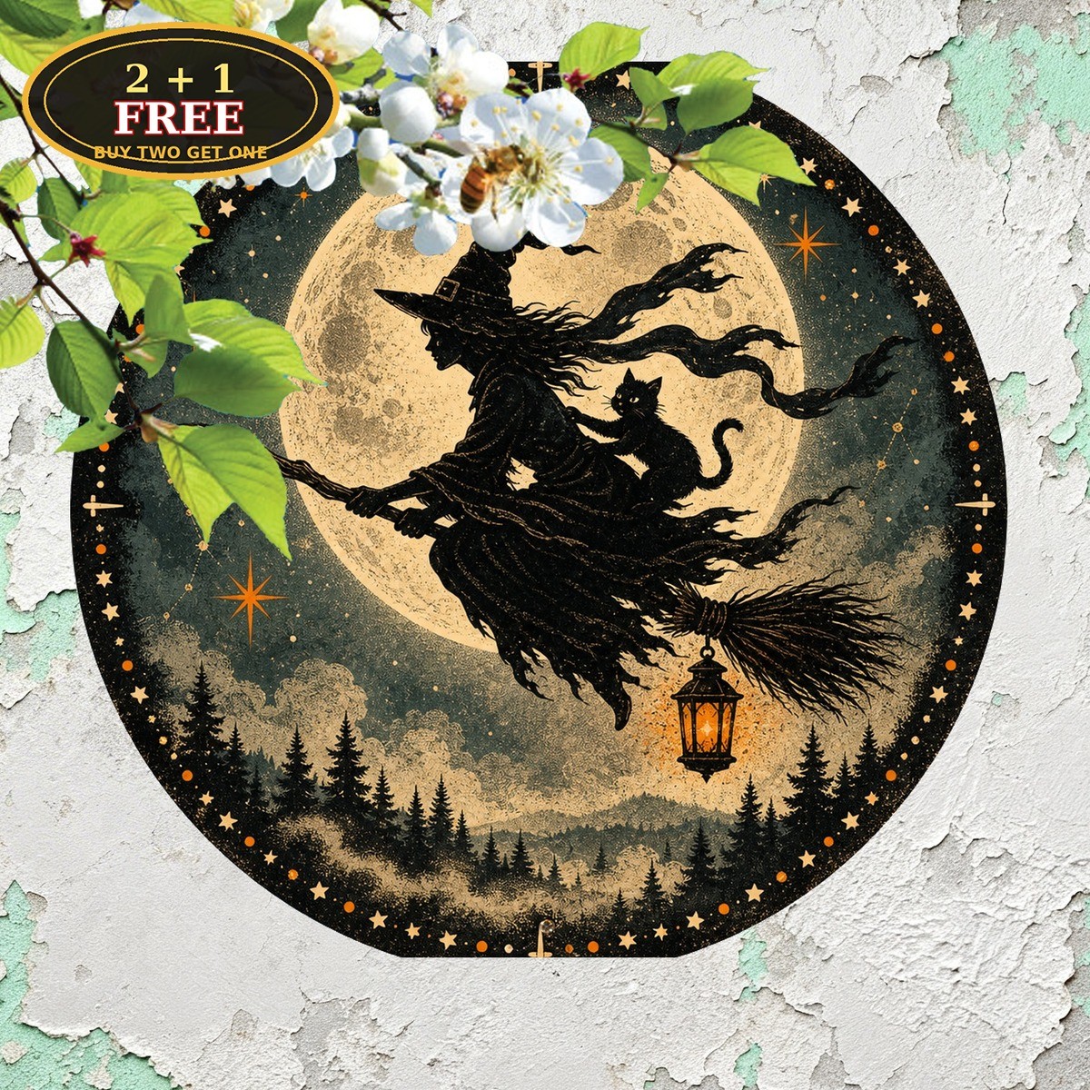 Witch Moon Halloween Foil Sign Mystic Night Sky Round Tin Metal Plaque 8x8