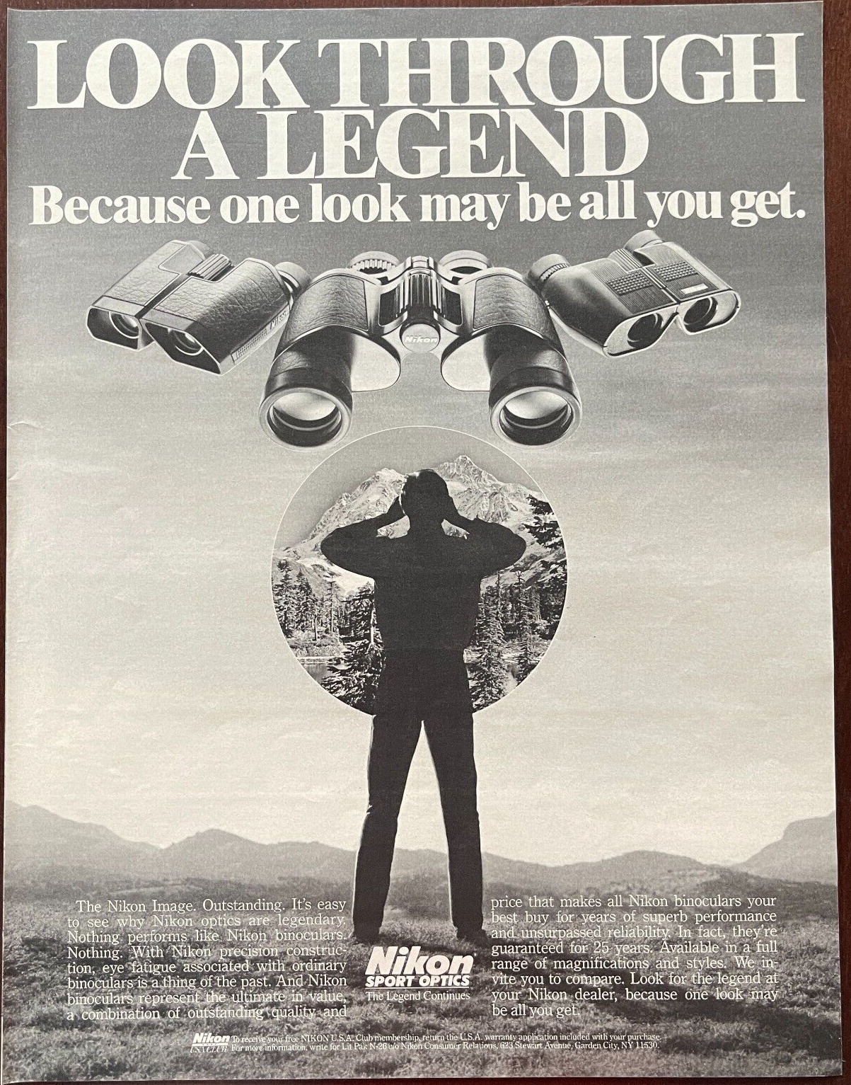 1985 Nikon Vintage Print Ad Look Through A Legend Retro Binocular Advertisement
