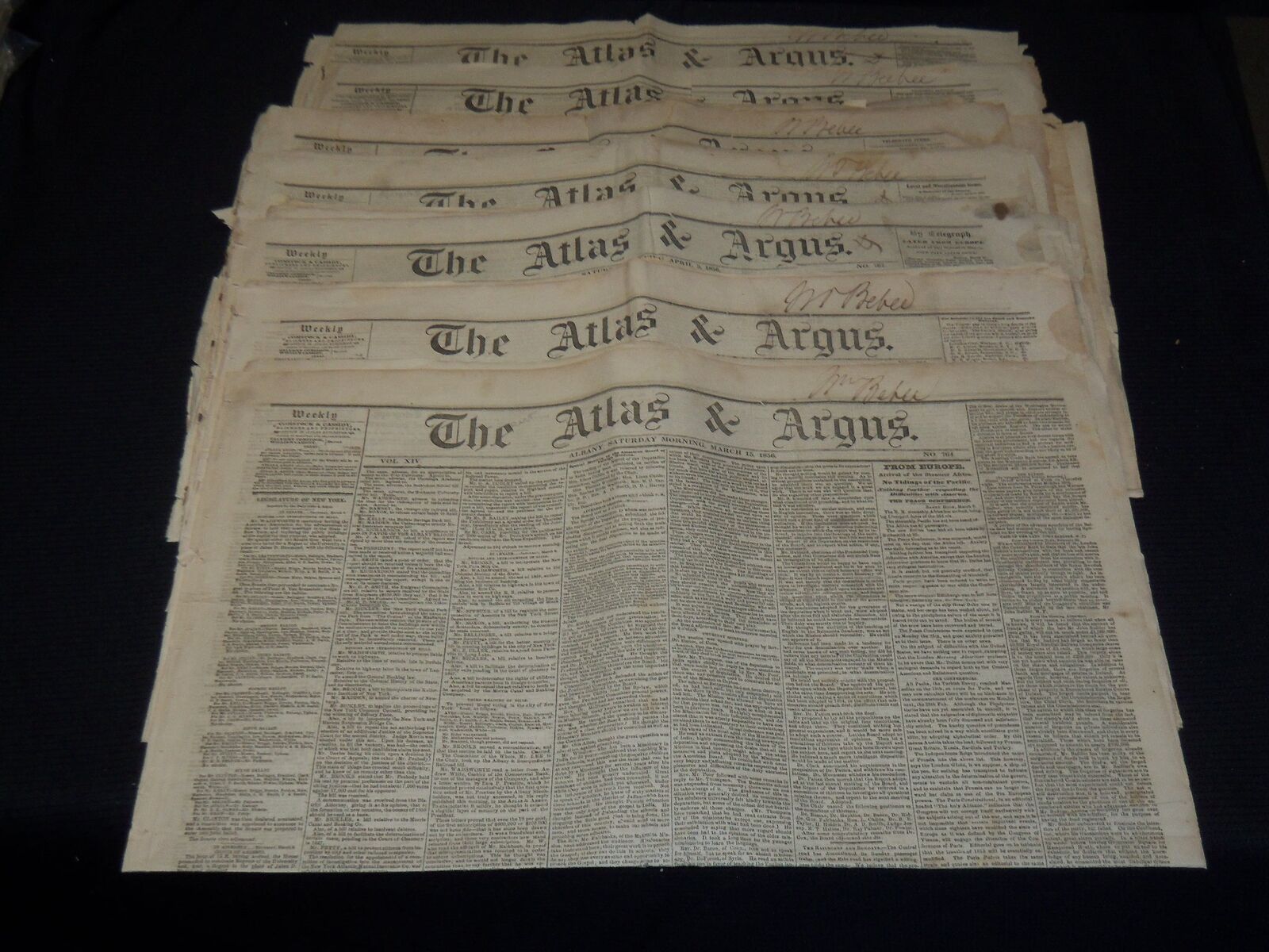 1856 THE ATLAS & ARGUS NEWSPAPERS LOT OF 9 - ALBANY, NEW YORK - NP 3877M