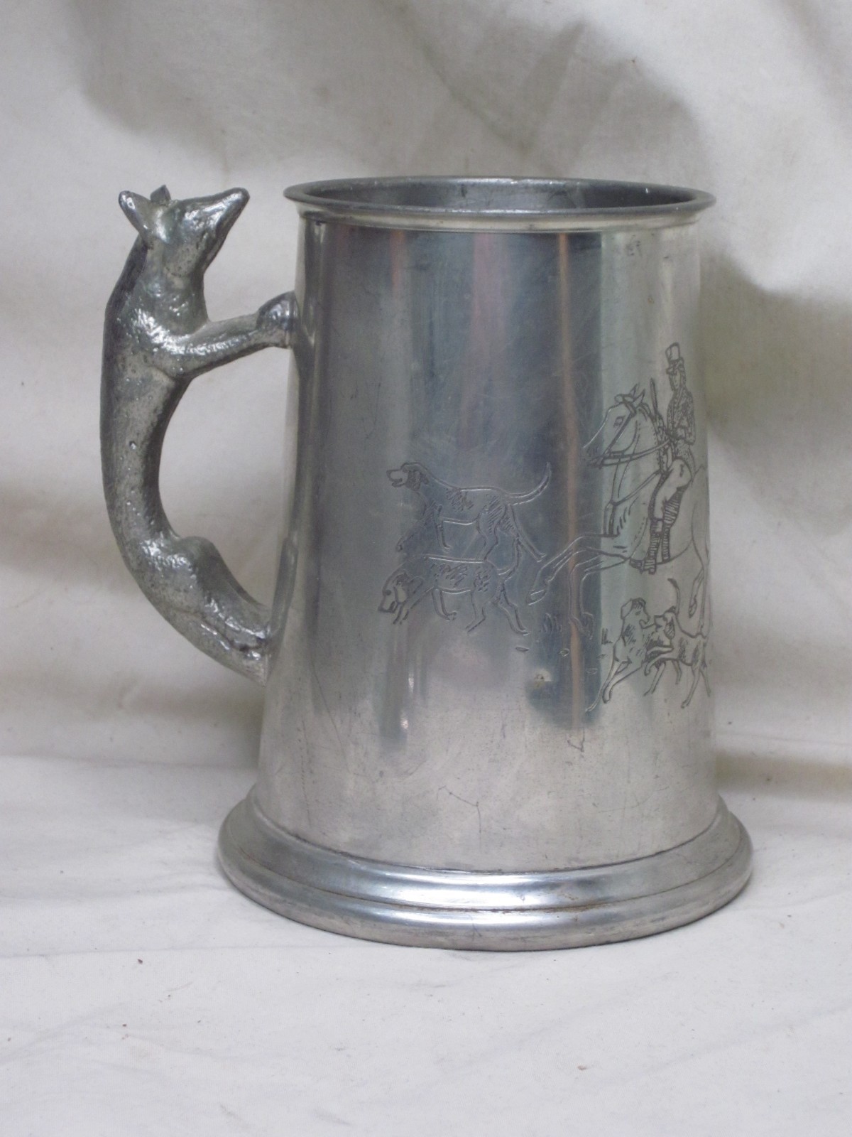 vintage English Pewter Fox handle hunt scene tankard stein metal mug cup vintage English Pewter Fox handle hunt scene tankard stein metal mug cup