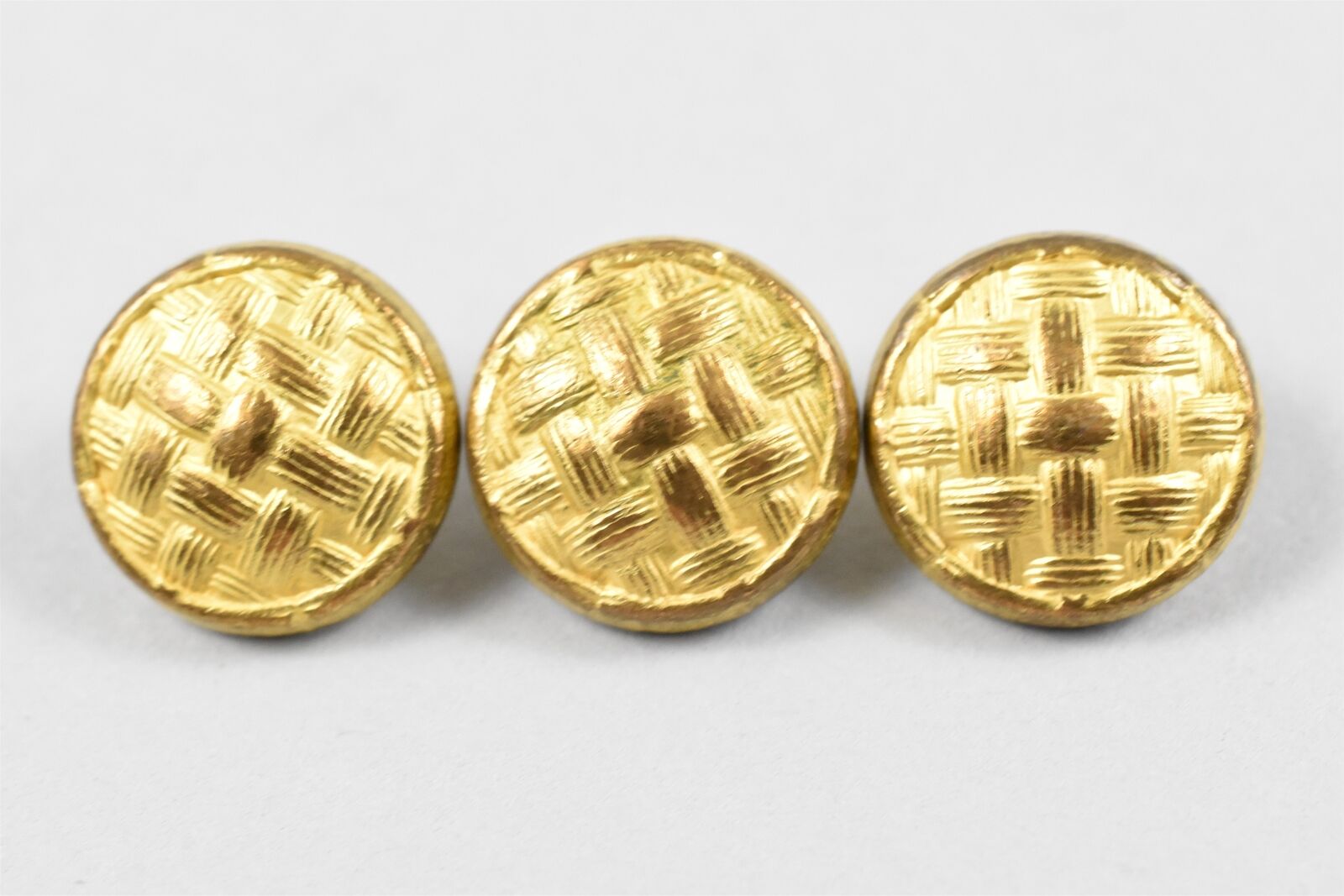 Three (3) 16mm Gold Gilt Metal Buttons with Basket Weave Motif