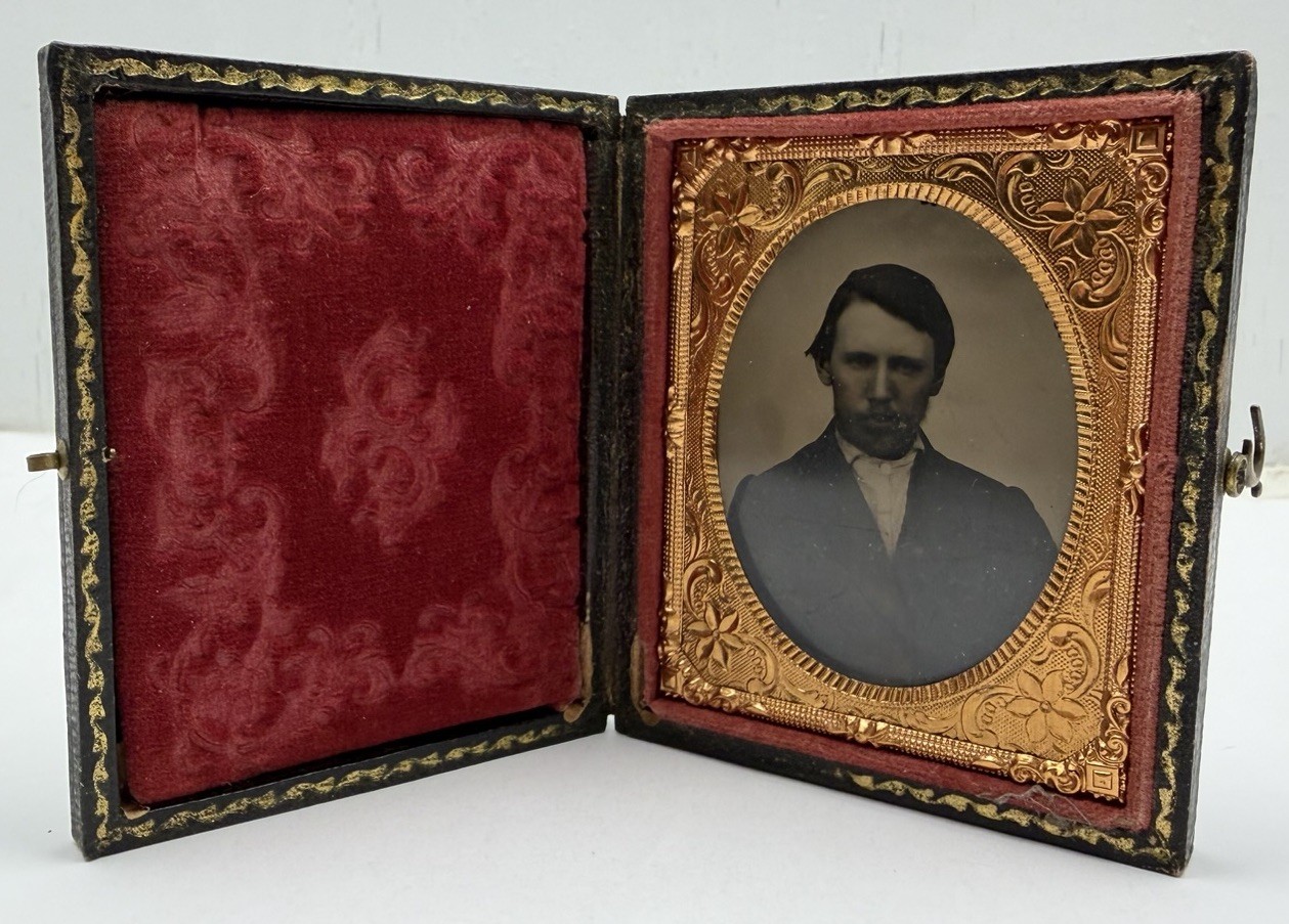 Antique 19th Century Daguerreotype of Man In Ornate Velvet & Leather Case