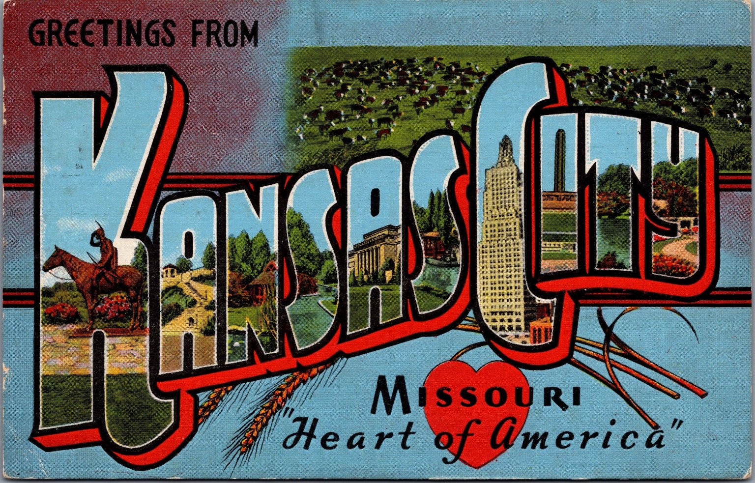 Greetings From Kansas City MO Large Letter Linen Postcard 1949 The Scout