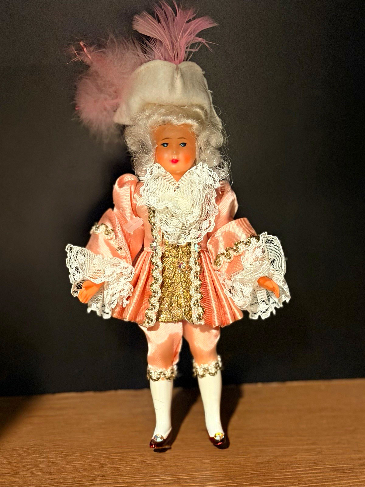 Vintage Colonial Aristocrat Doll Pink Satin Costume Feather Hat-Court Nobleman.