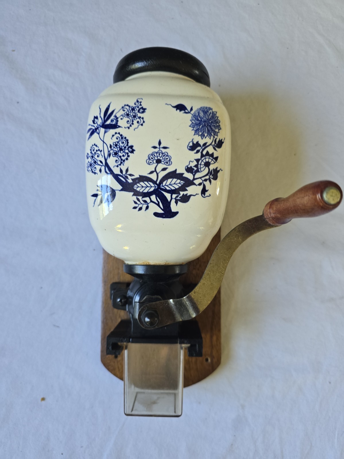 Vintage Wall Coffee Grinder Ceramic Delft Blue Japanese Floral - VERY RARE