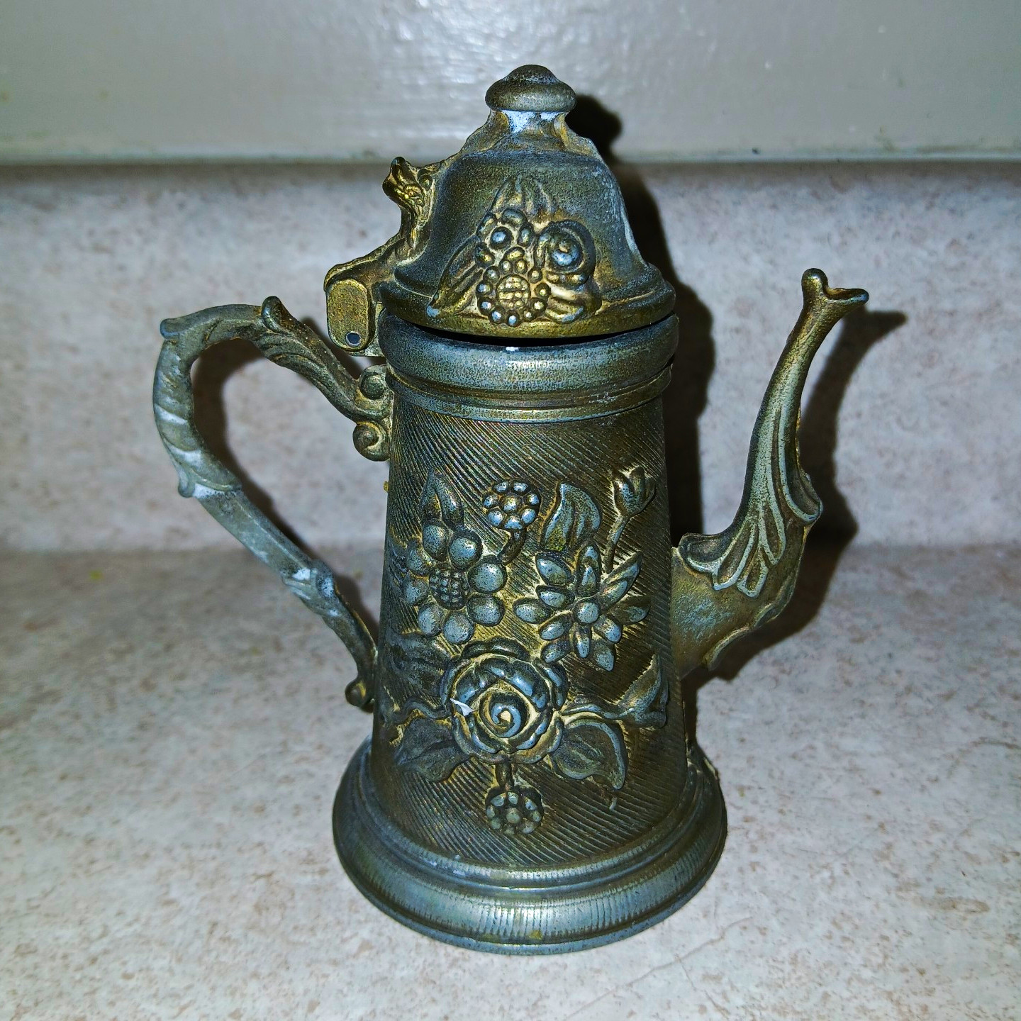 Vintage Miniature Pewter Coffee Pot Figurine Ornate Floral Relief 4.5 Vintage Miniature Pewter Coffee Pot Figurine Ornate Floral Relief 4.5