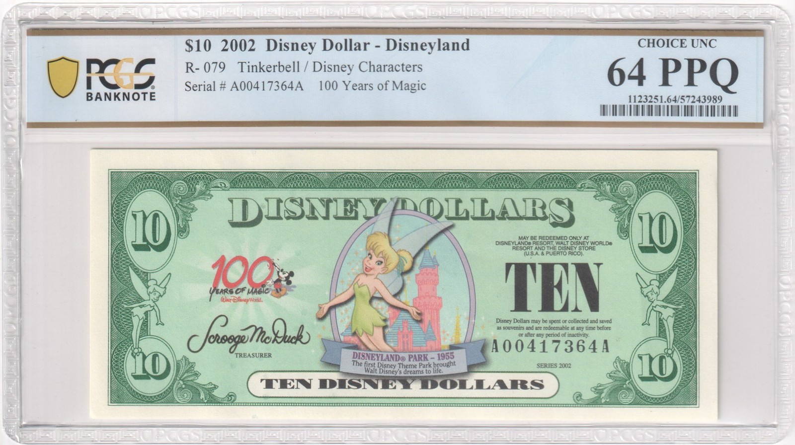 2002 R-079 $10 Disney Dollar Tinkerbell / Disney Characters PCGS Graded 64 PPQ 2002 R-079 $10 Disney Dollar Tinkerbell / Disney Characters PCGS Graded 64 PPQ