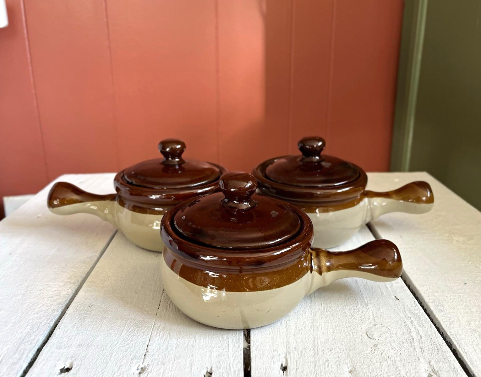 3-Piece Vintage Glazed Stoneware Soup Crocks 3-Piece Vintage Glazed Stoneware Soup Crocks