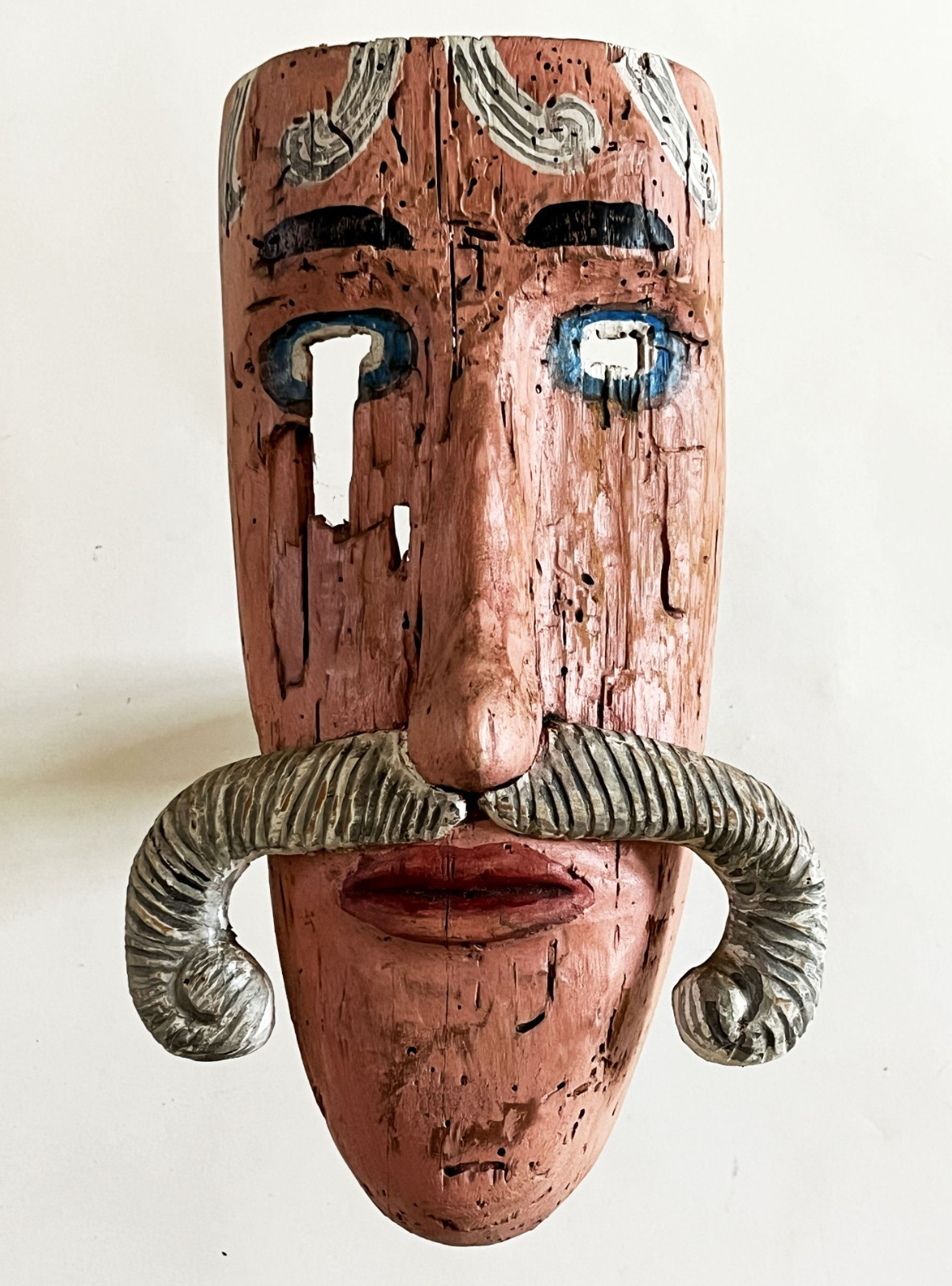 VERY OLD MEXICAN FOLK ART HAND CARVED WOOD MORO SPANIARD MUSTACHE MAN DANCE MASK